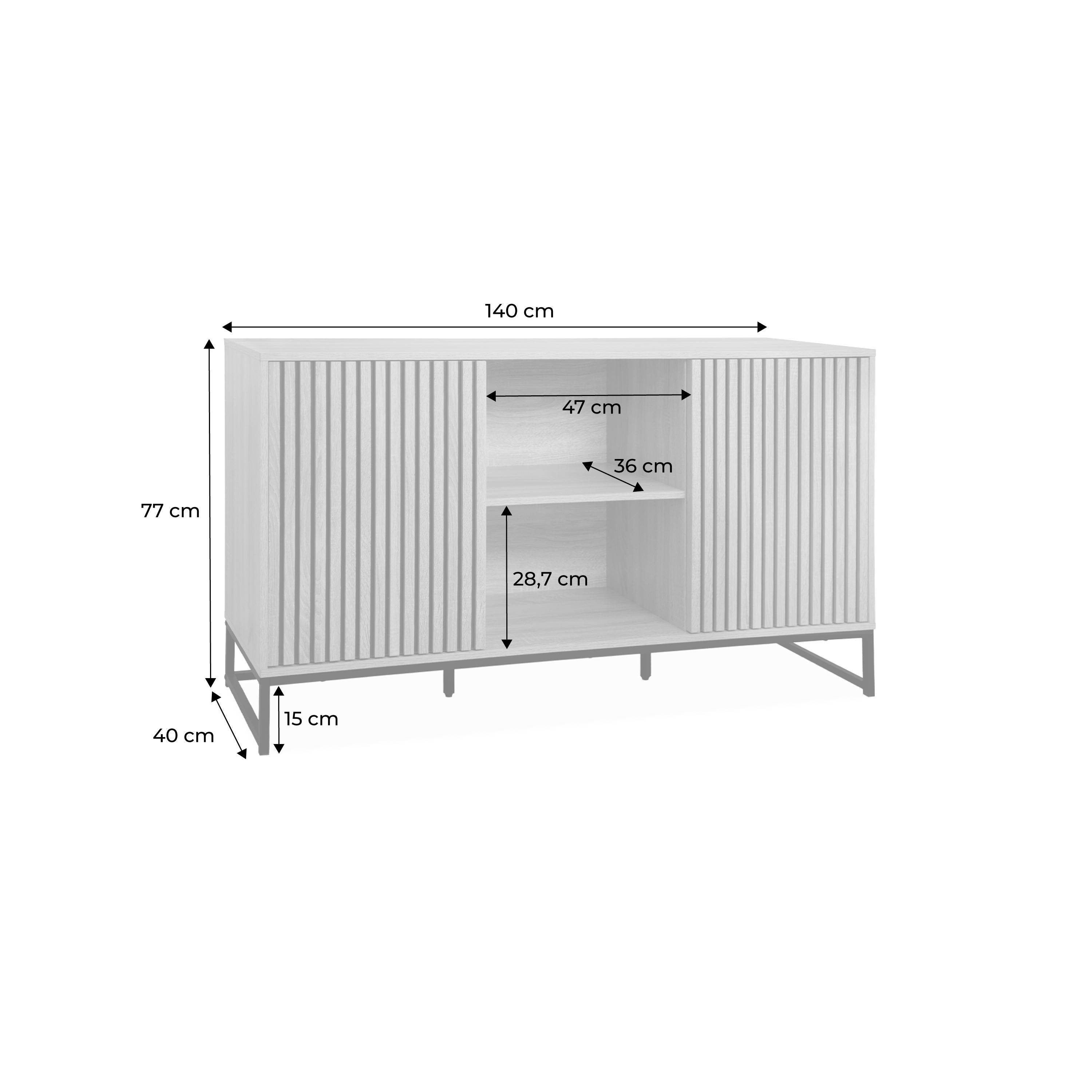 Sweeek Credenza Contemporanea L140 - 2 Ante Scanalate Effetto Legno, Apertura A Spinta, Base In Metallo Nero, 6 Scomparti - 5