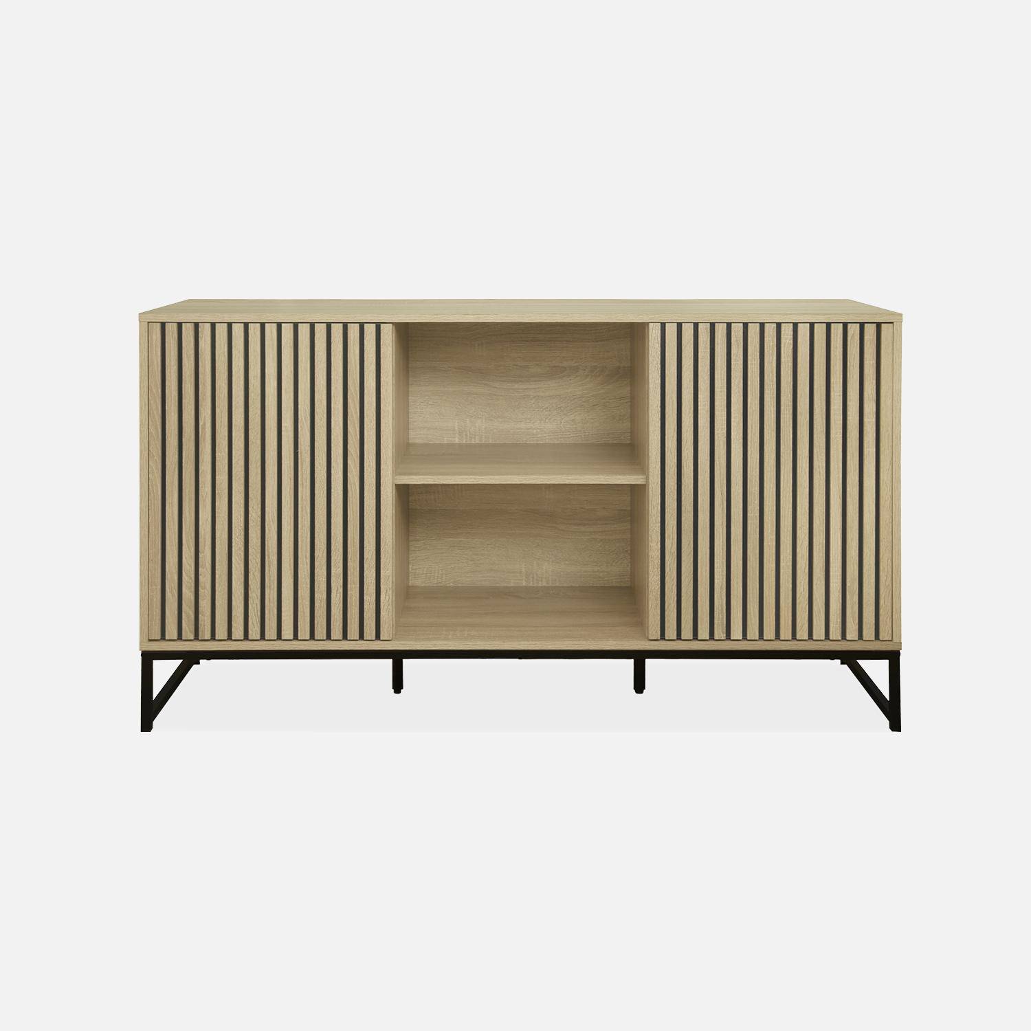 Contemporary style sideboard with 2 grooved wood effect doors, push opening, black metal base L140,sweeek,Photo5