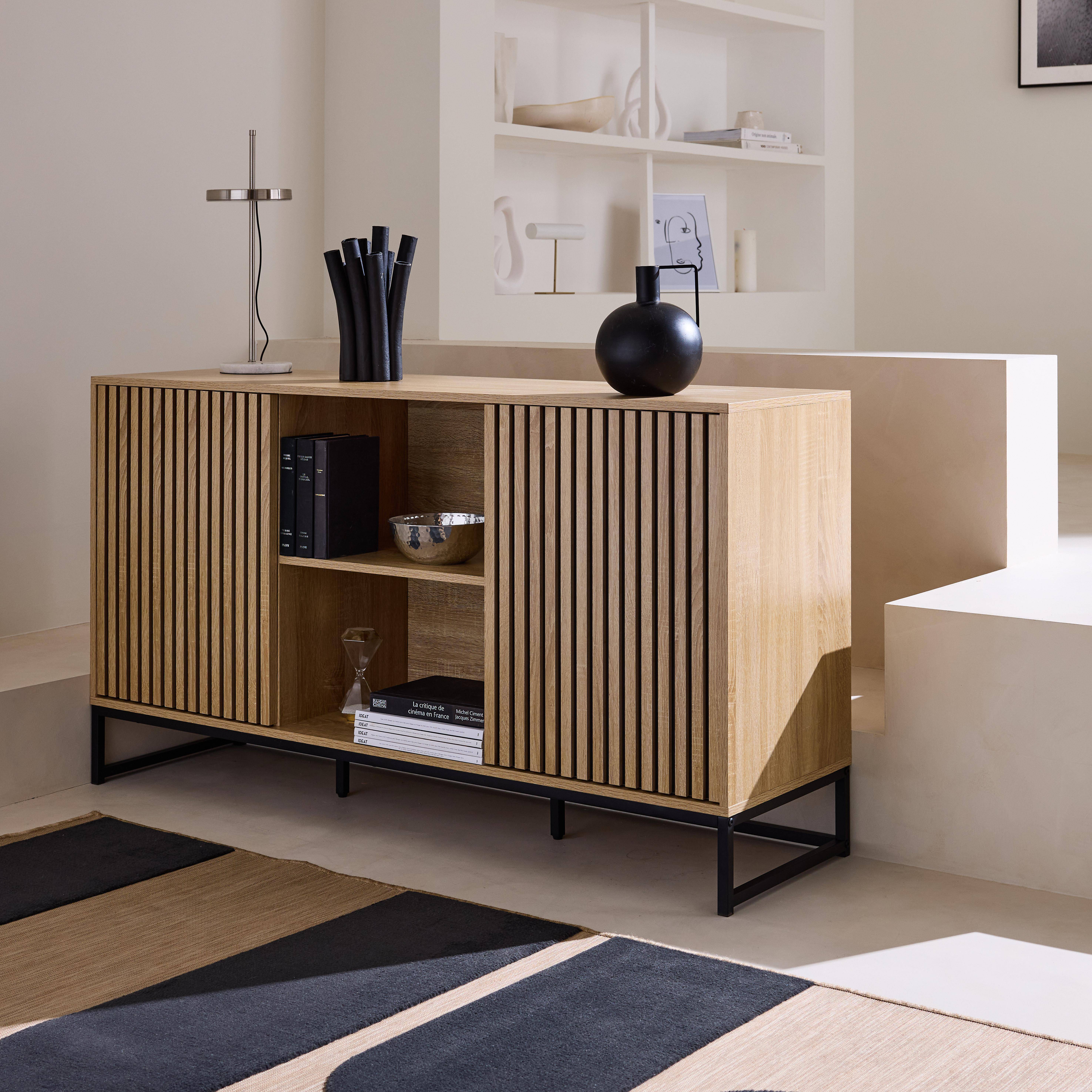 Contemporary style sideboard with 2 grooved wood effect doors, push opening, black metal base L140,sweeek,Photo2