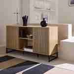 Contemporary style sideboard with 2 grooved wood effect doors, push opening, black metal base L140 Photo2