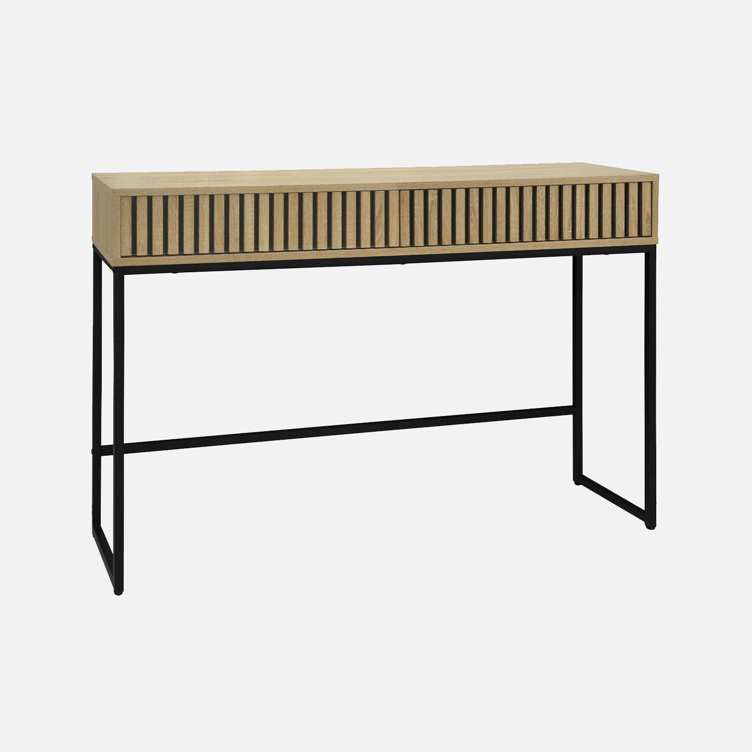 120cm contemporary console in grooved wood effect, Lisbonne, Natural, 30x120x77 cm Photo1