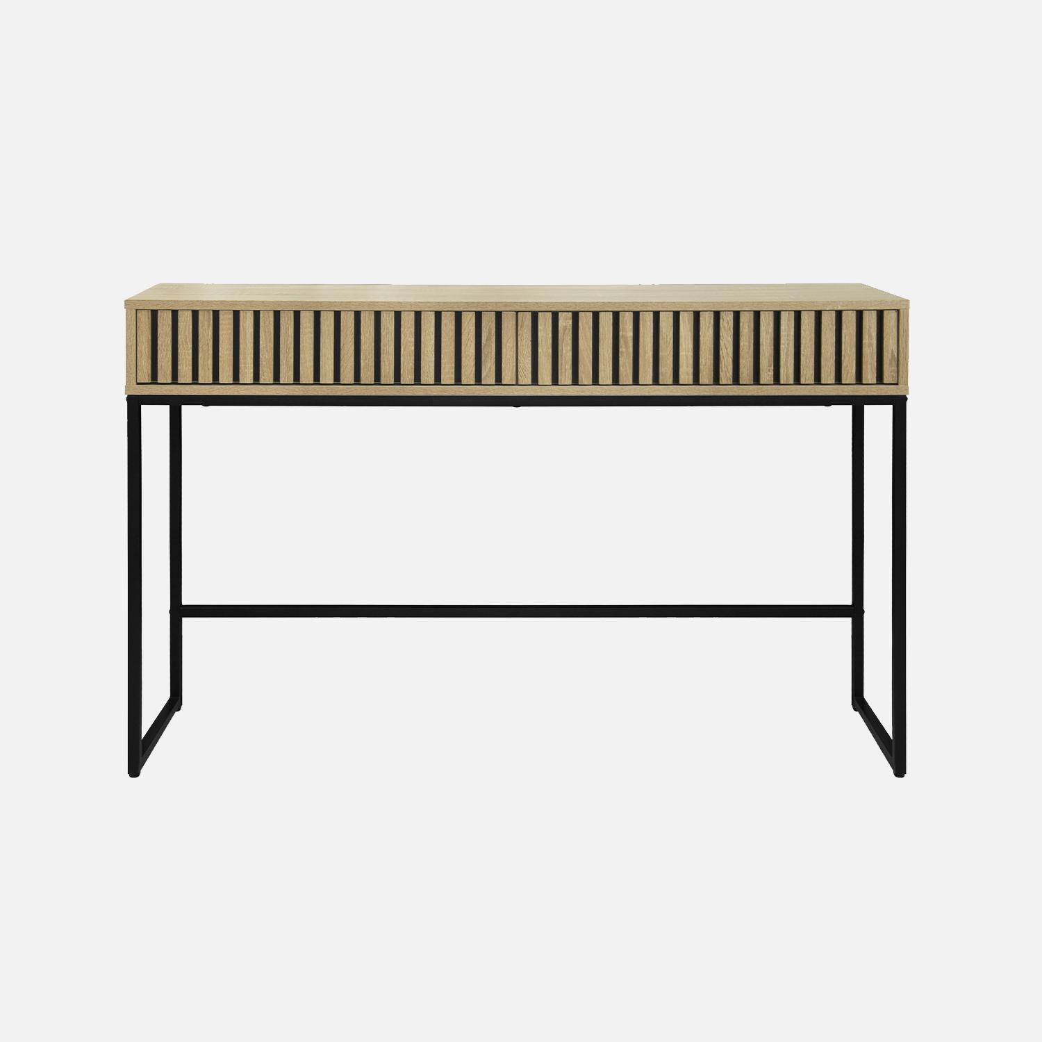 120cm contemporary console in grooved wood effect, Lisbonne, Natural, 30x120x77 cm Photo2