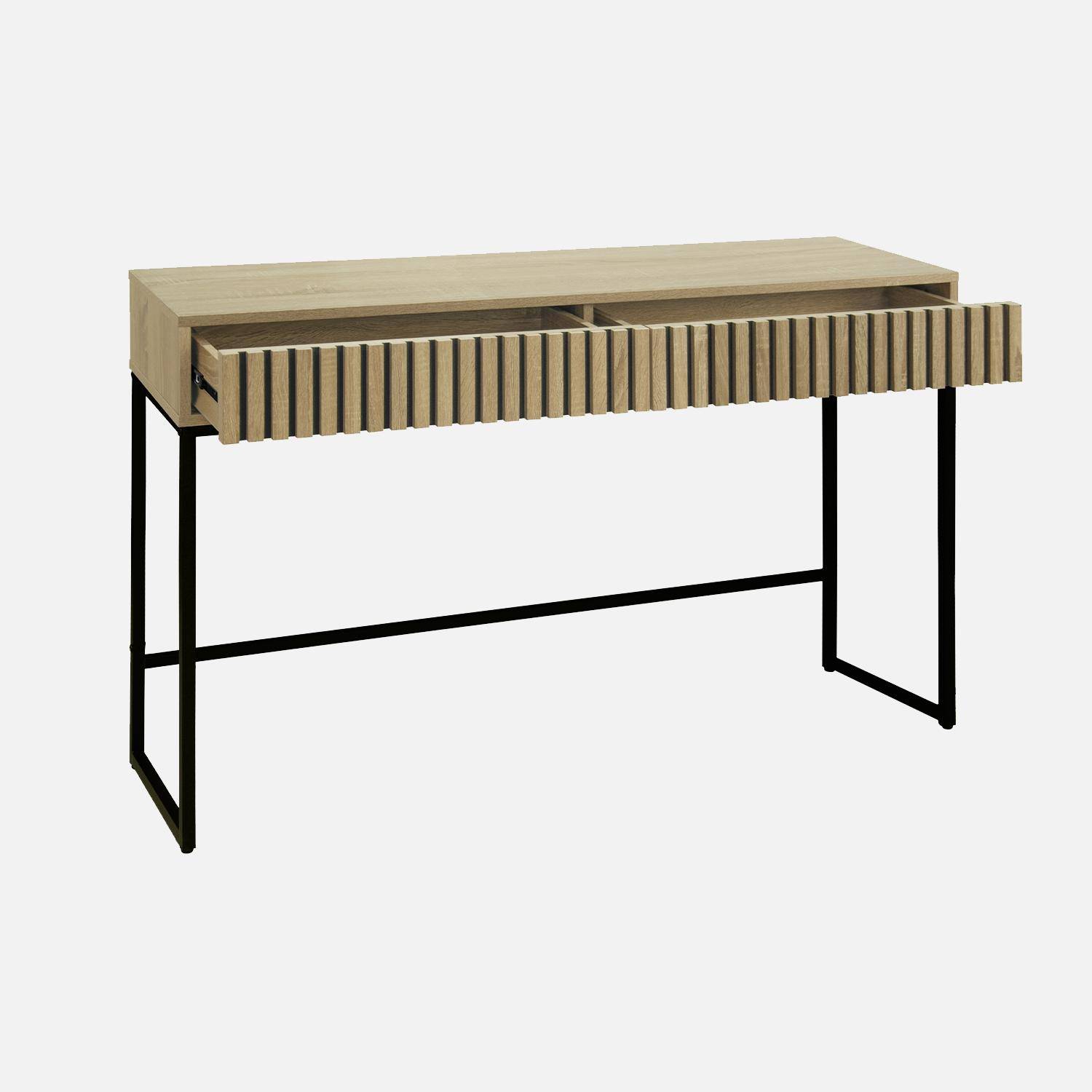 Eigentijdse console met 2 laden in gegroefd houtdecor, zwart metalen structuur en basis Photo3