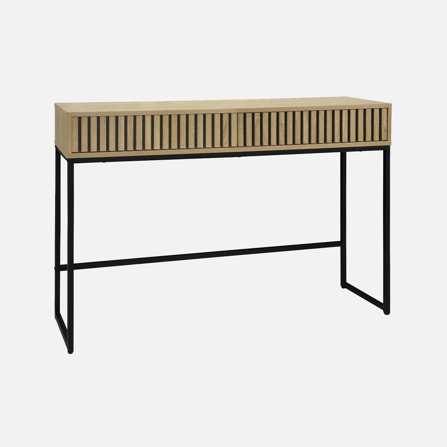 Eigentijdse console met 2 laden in gegroefd houtdecor, zwart metalen structuur en basis Photo1