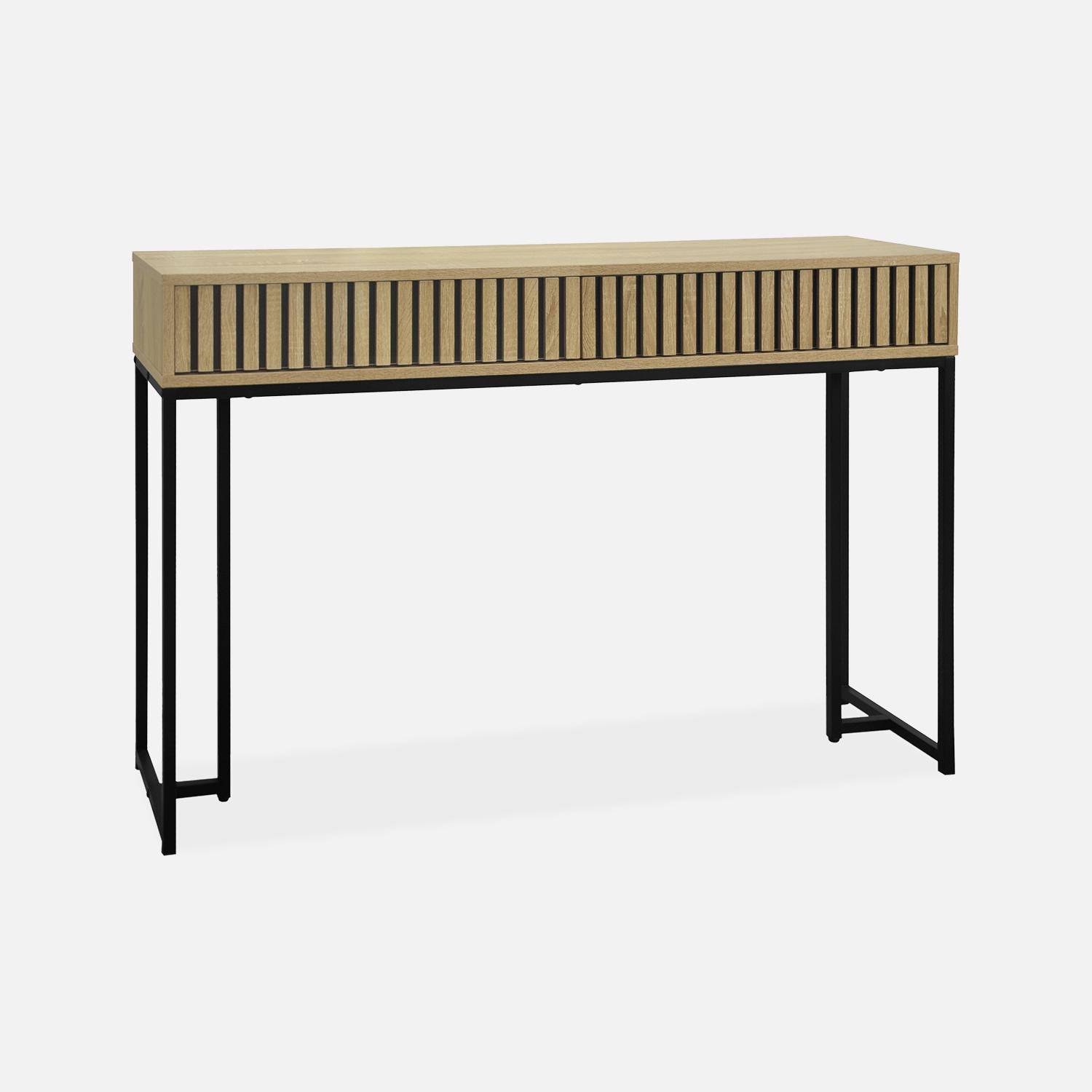 Console contemporaine avec 2 tiroirs en décor bois rainuré, structure et piètement en métal noir,sweeek,Photo4