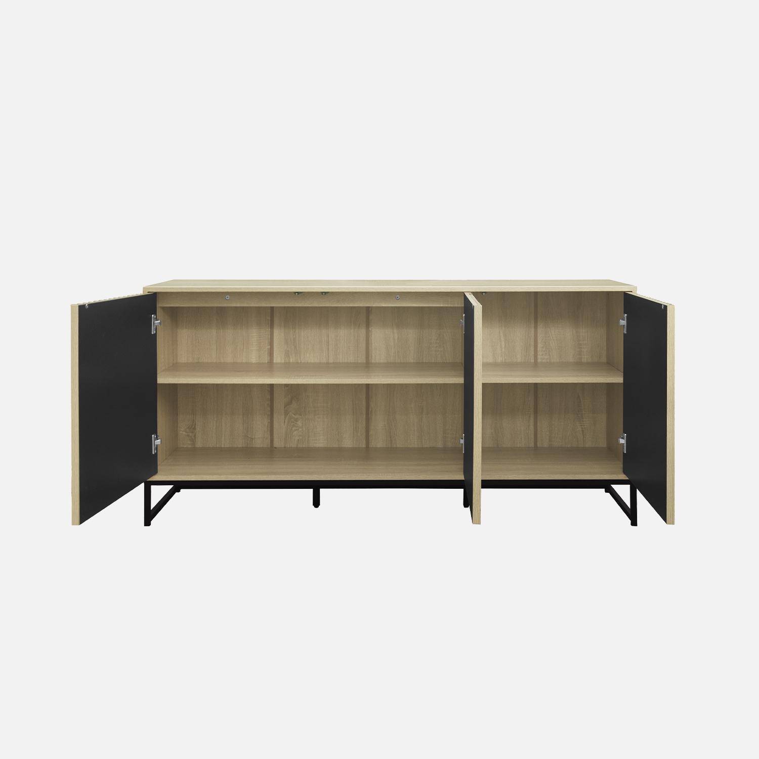 Contemporary-style sideboard with 3 grooved wood-effect doors, push-open, black metal frame L160,sweeek,Photo3