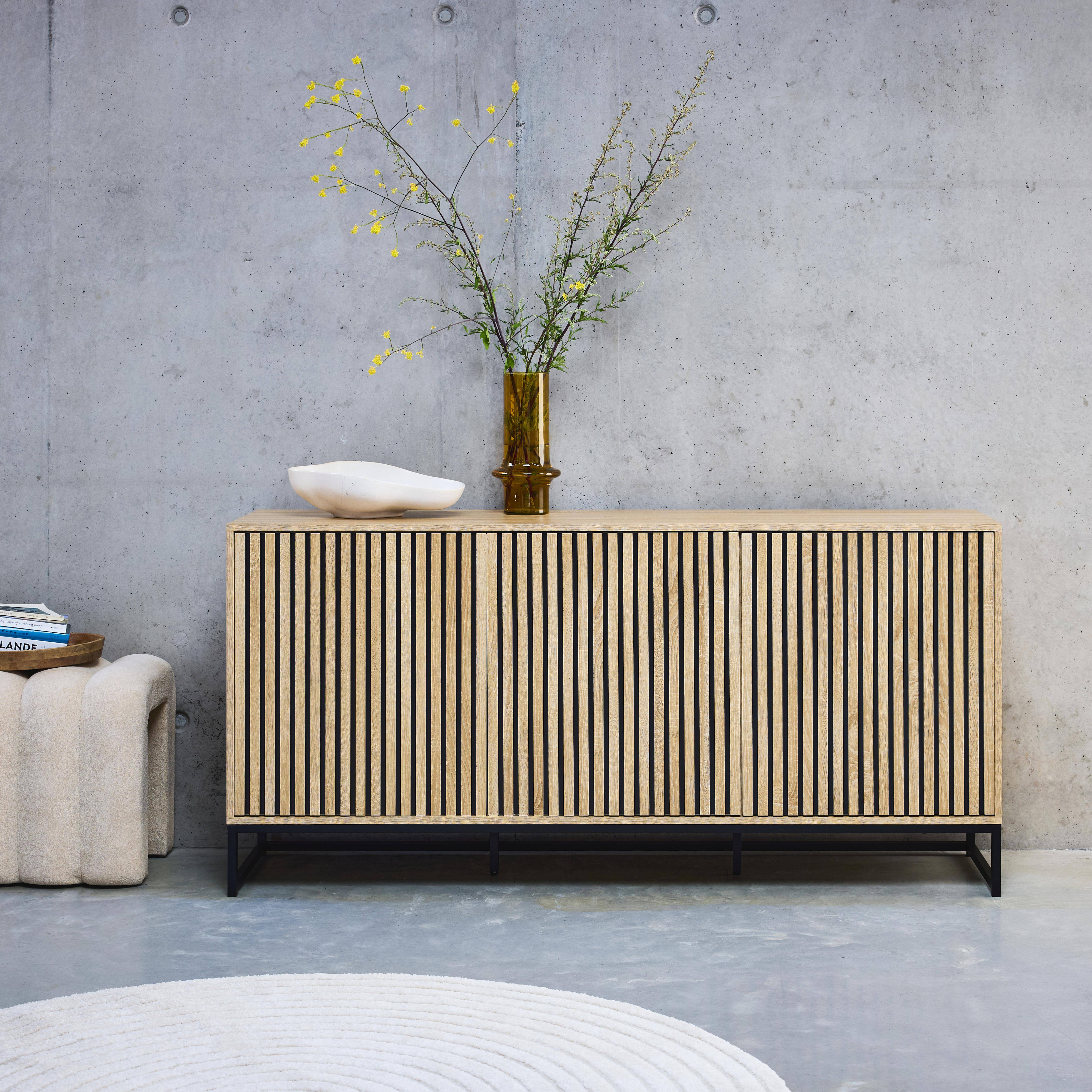 Modernes Sideboard mit Holzoptik und Rillenmuster, 3 Türen, B 160 cm - Lisbonne