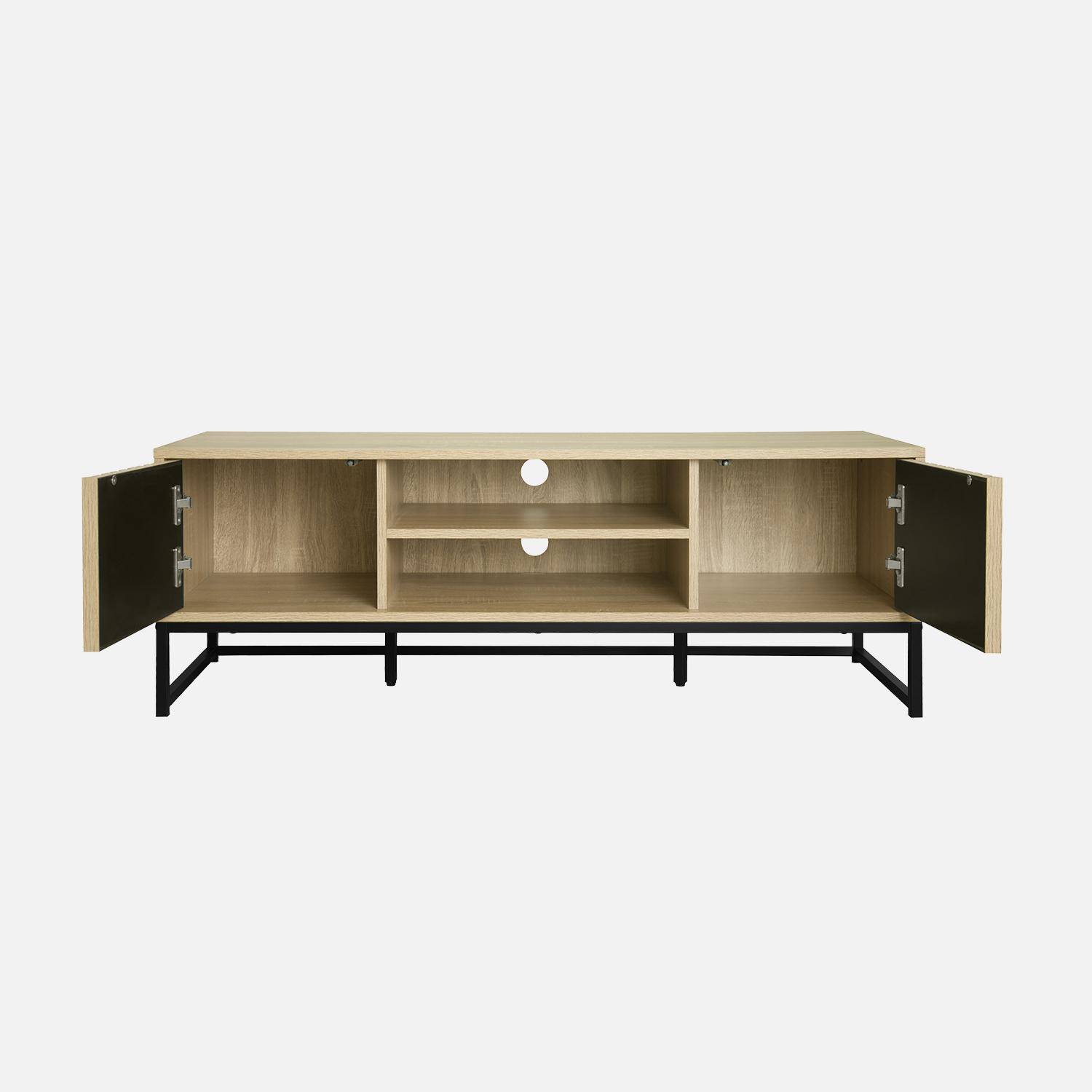 Mueble de TV con decoración de madera estriada y base de metal negro, sistema de apertura a presión,sweeek,Photo5