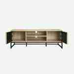 Mueble de TV con decoración de madera estriada y base de metal negro, sistema de apertura a presión Photo5