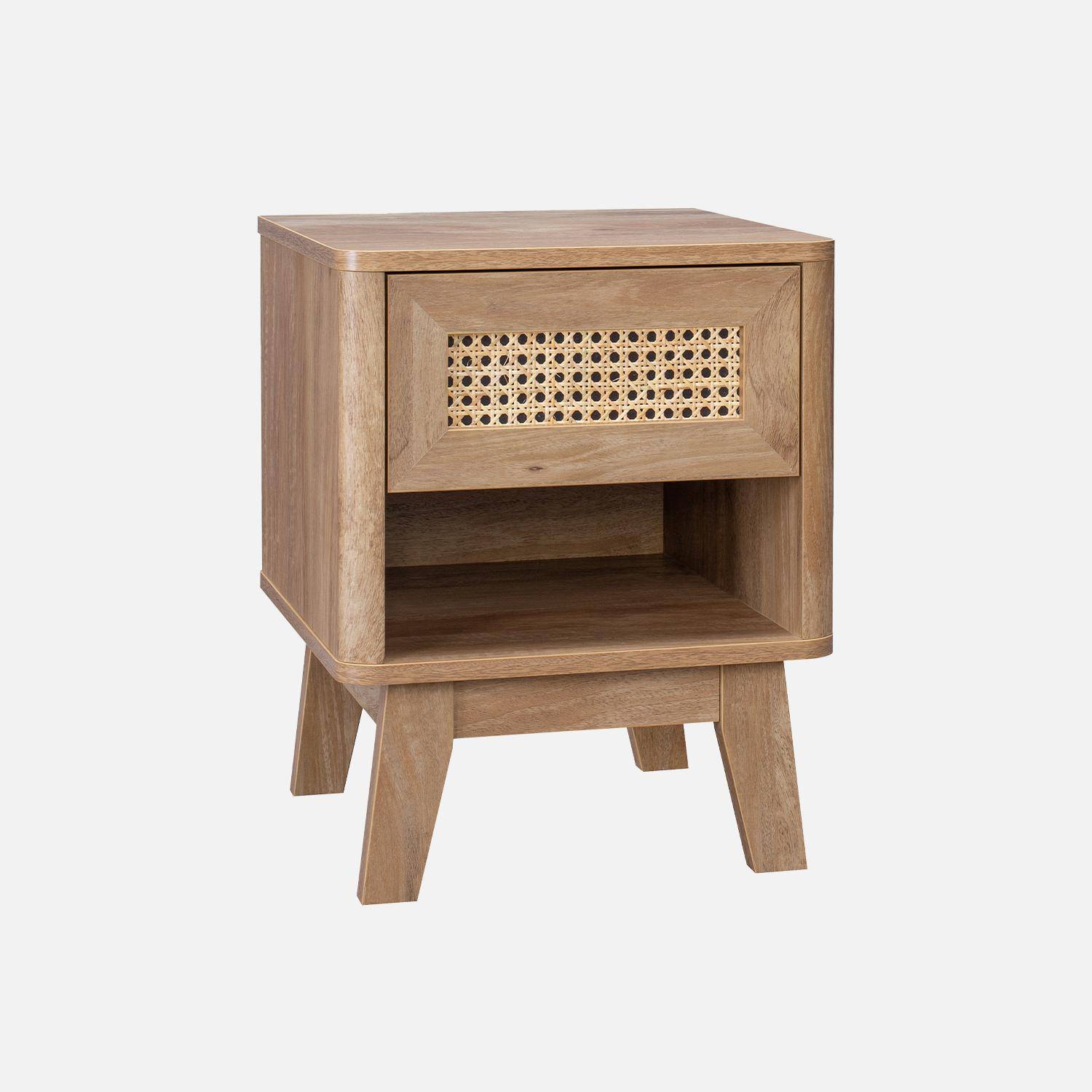 1-drawer bedside table with 1 niche, wood and cane effect, eucalyptus legs,sweeek,Photo1
