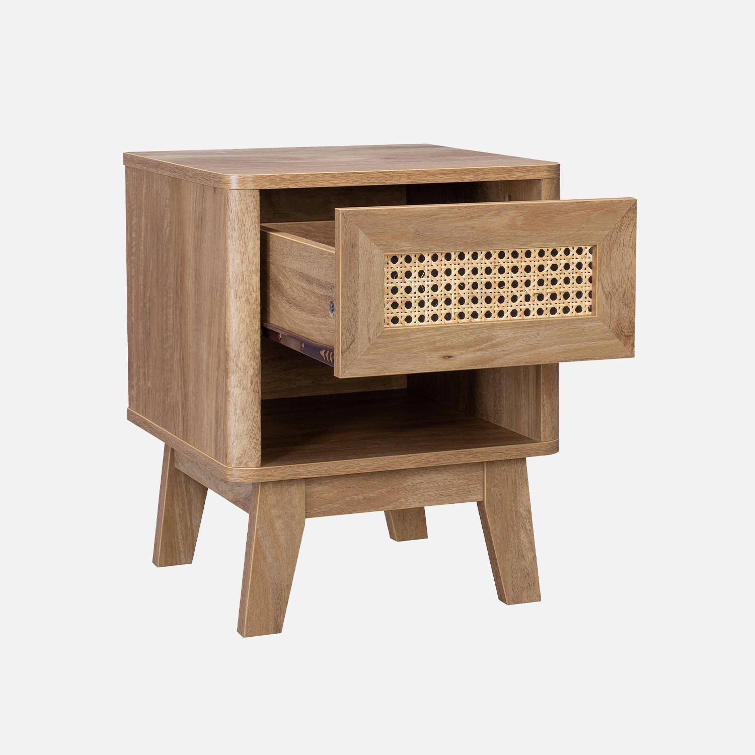 1-drawer bedside table with 1 niche, wood and cane effect, eucalyptus legs Photo3