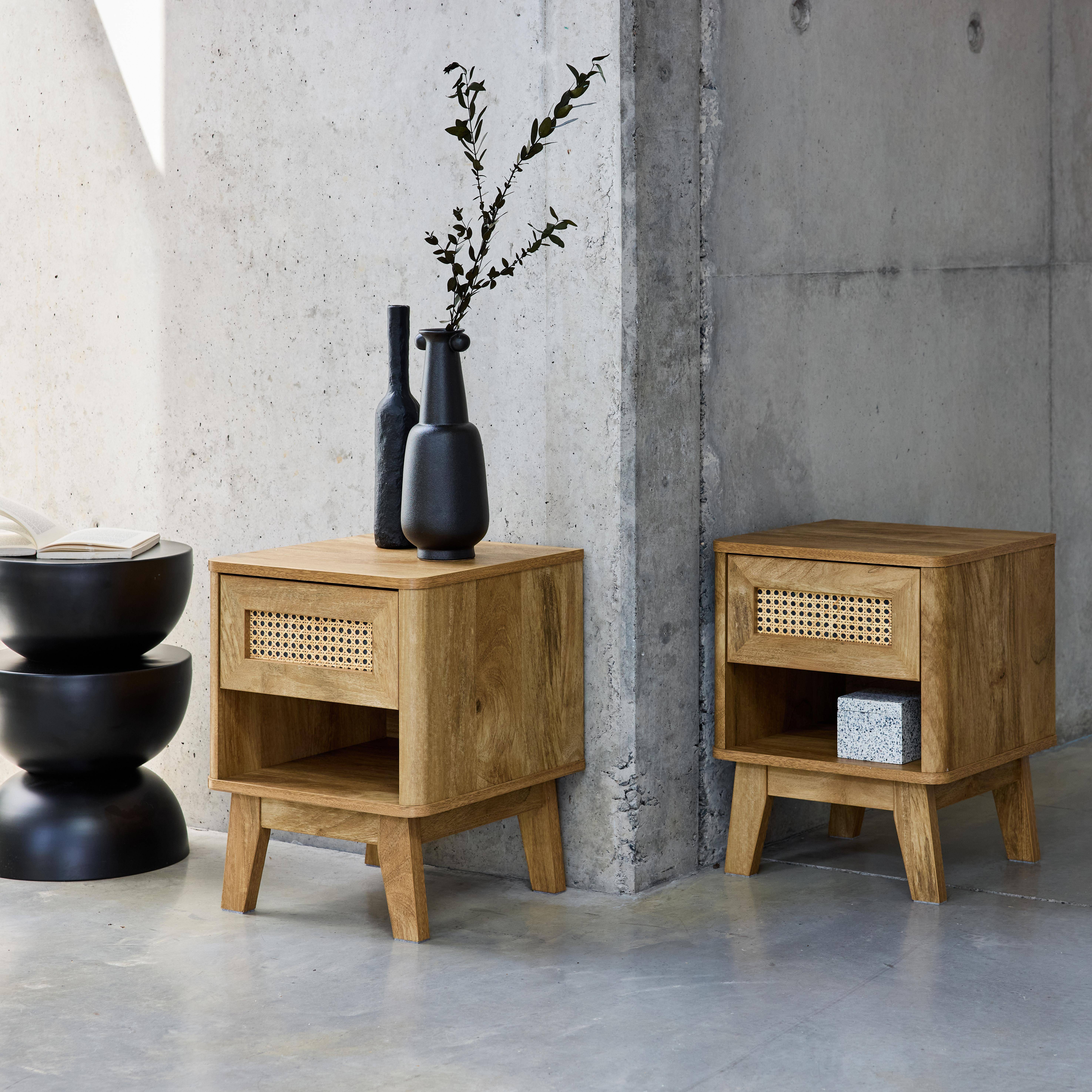 Set van 2 nachtkastjes met 1 lade en 1 vak, hout- en rieteffect, eucalyptuspoten Photo1