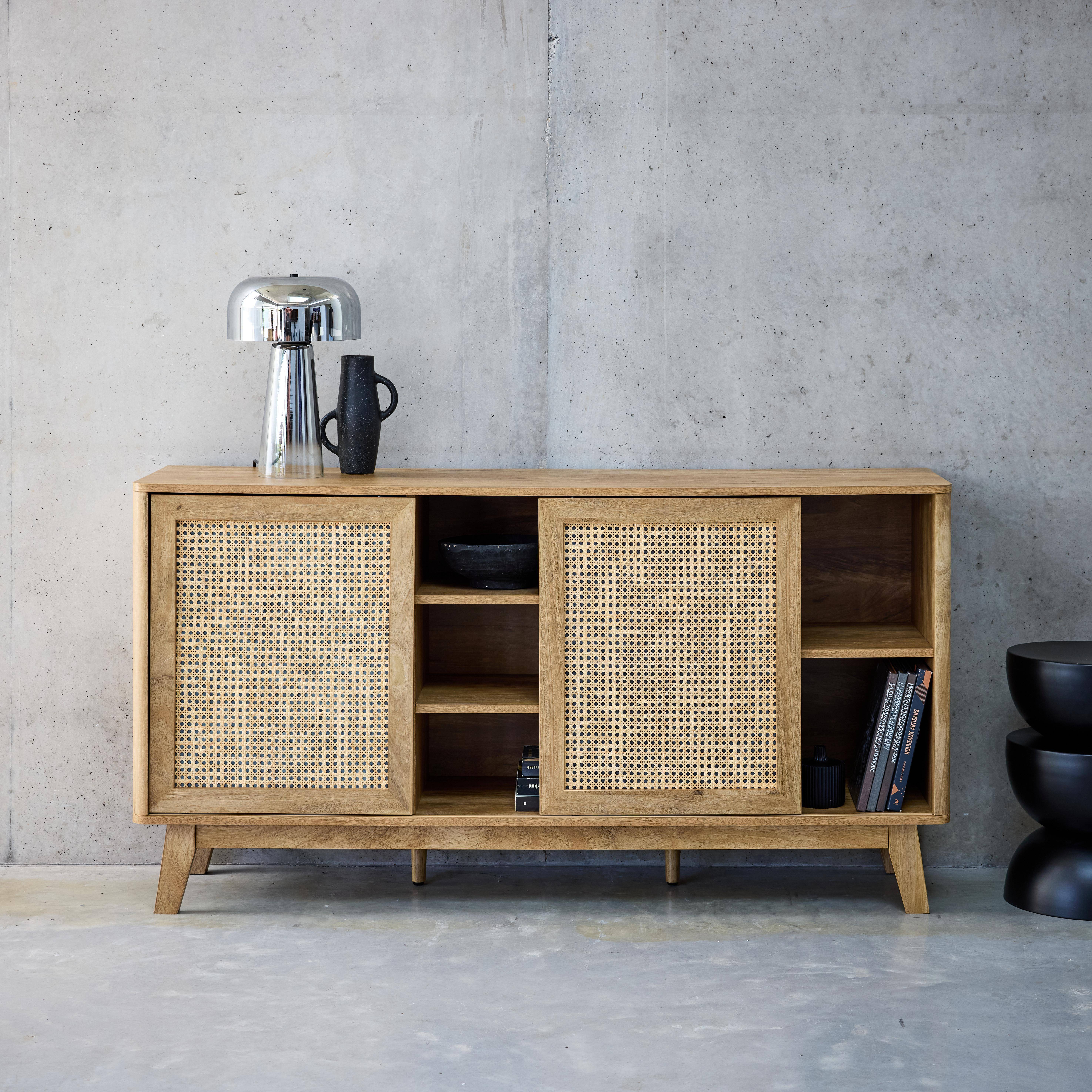 Aparador con 2 puertas correderas y estantes efecto madera y caña, 150cm, Mani, Natural, 150x39x79 cm Photo2