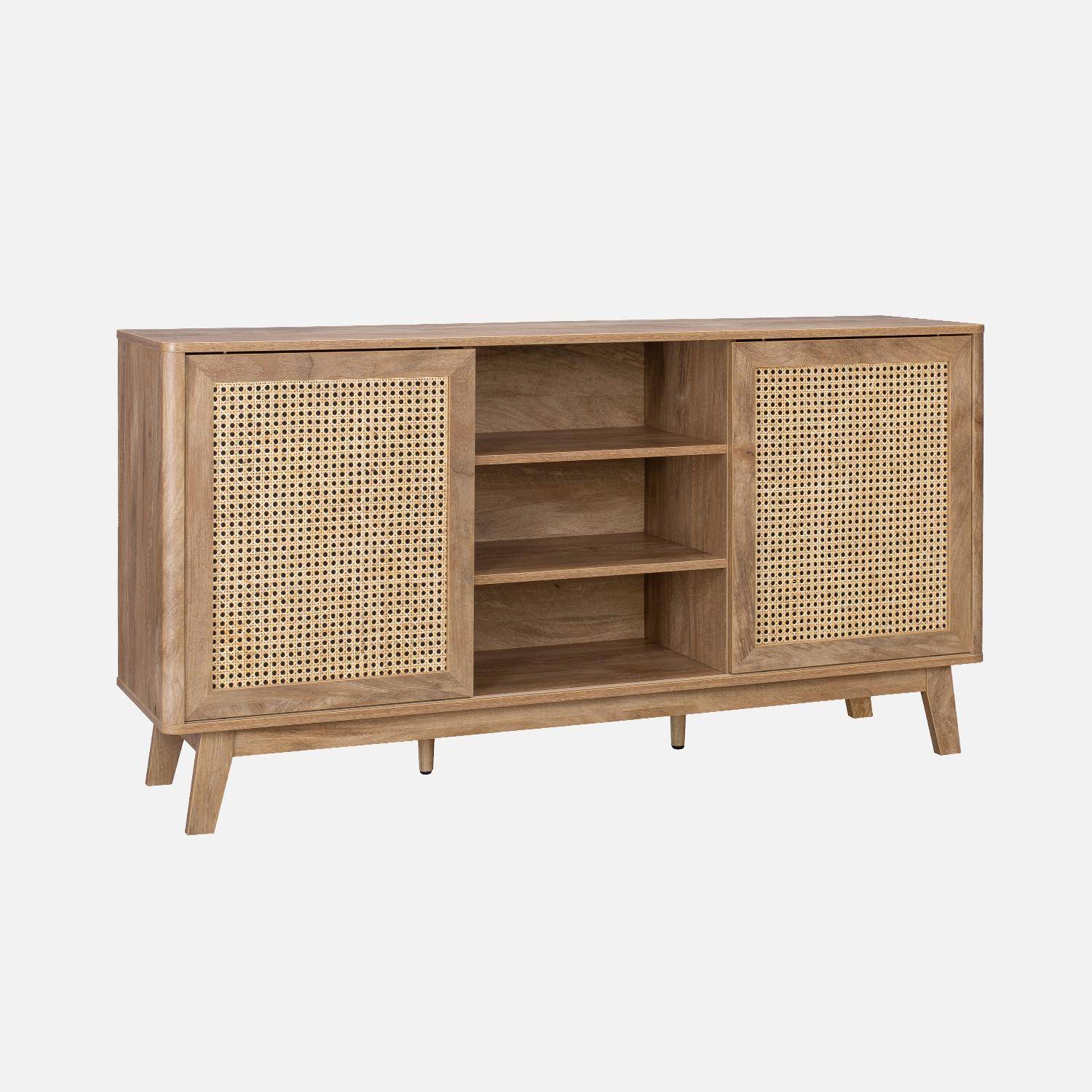 Aparador con 2 puertas correderas y estantes efecto madera y caña, 150cm, Mani, Natural, 150x39x79 cm,sweeek,Photo5