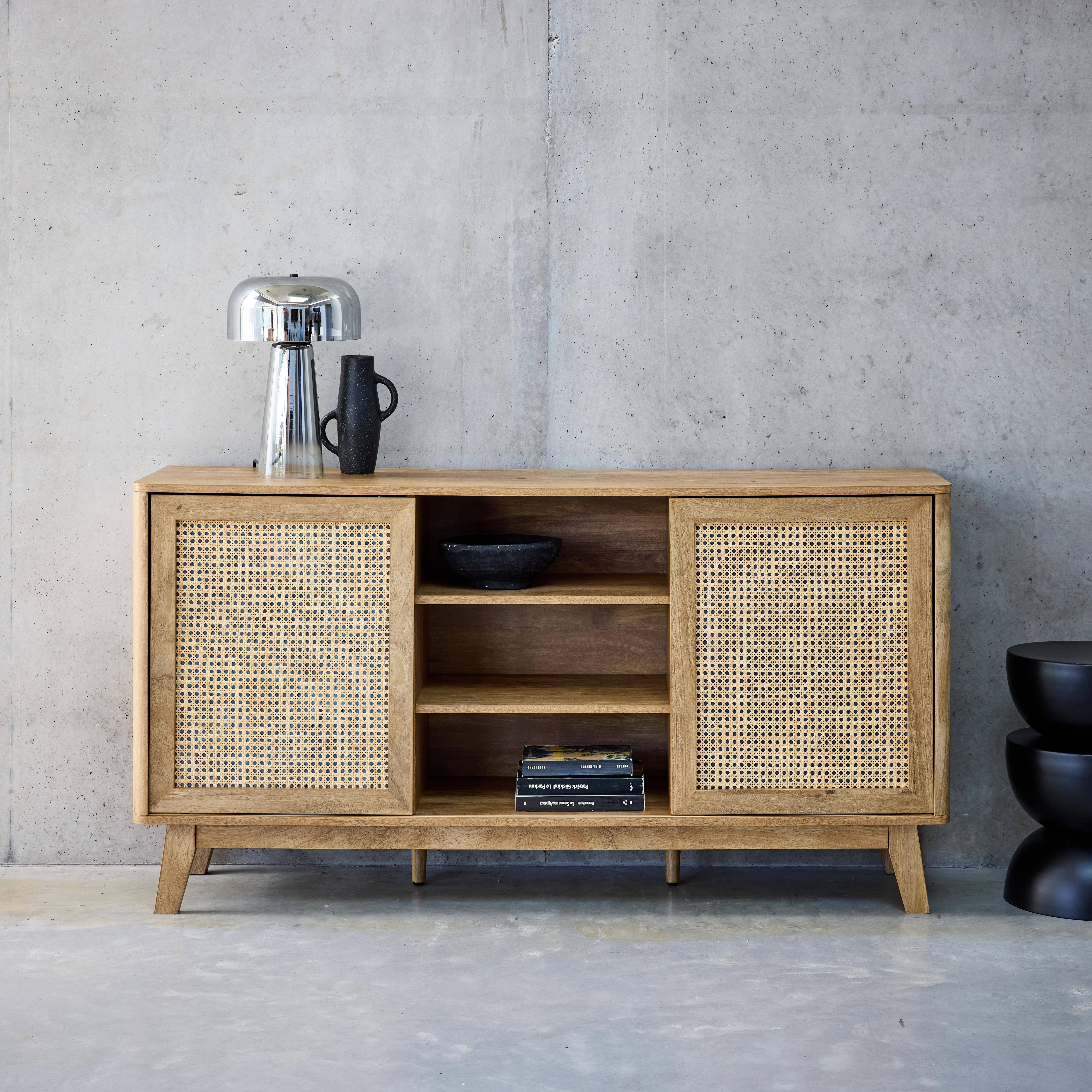 Aparador con 2 puertas correderas y estantes efecto madera y caña, 150cm, Mani, Natural, 150x39x79 cm Photo1