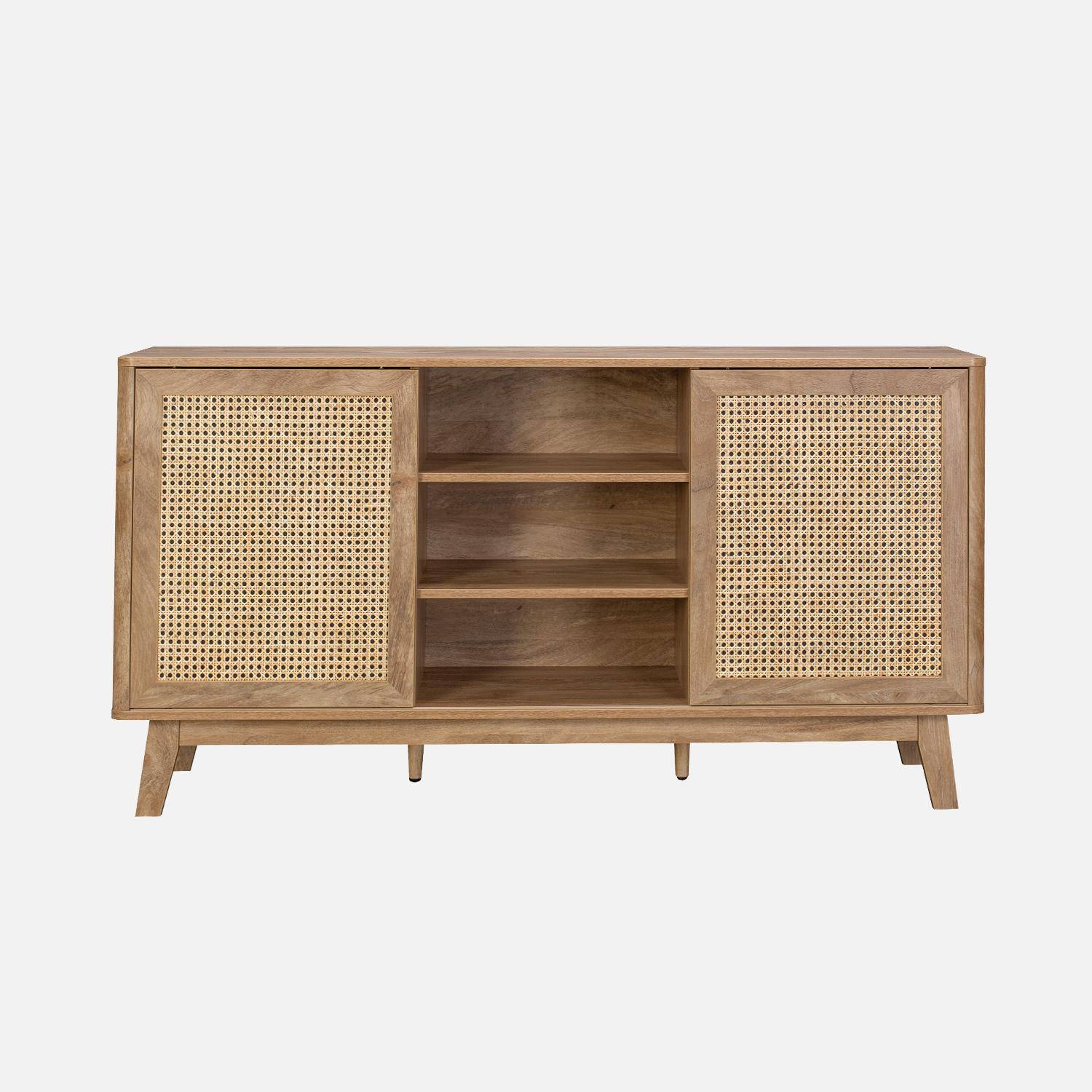 150cm sideboard with 2 sliding doors and shelves, wood effect and cane detail  Photo2
