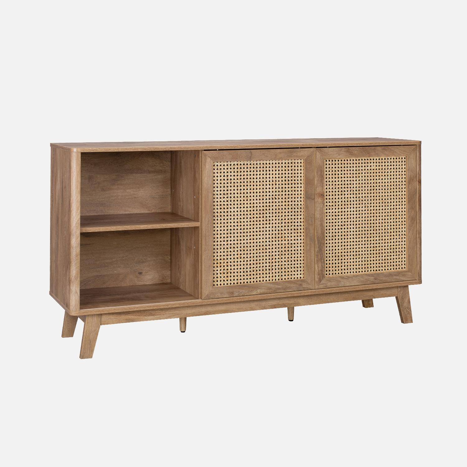 Dressoir met 2 schuifdeuren en legplanken, houteffect en rietdetail 150cm Photo5