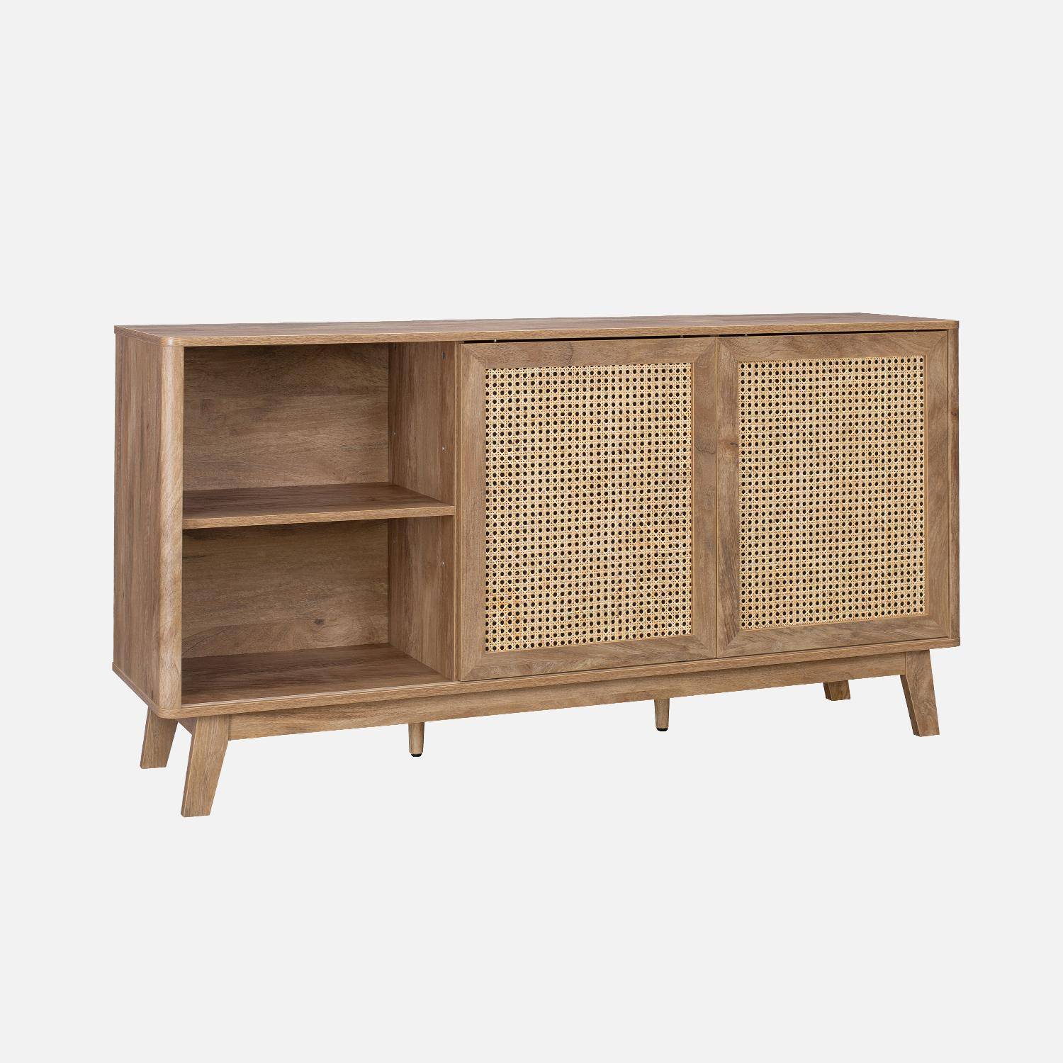 150cm sideboard with 2 sliding doors and shelves, wood effect and cane detail  Photo3