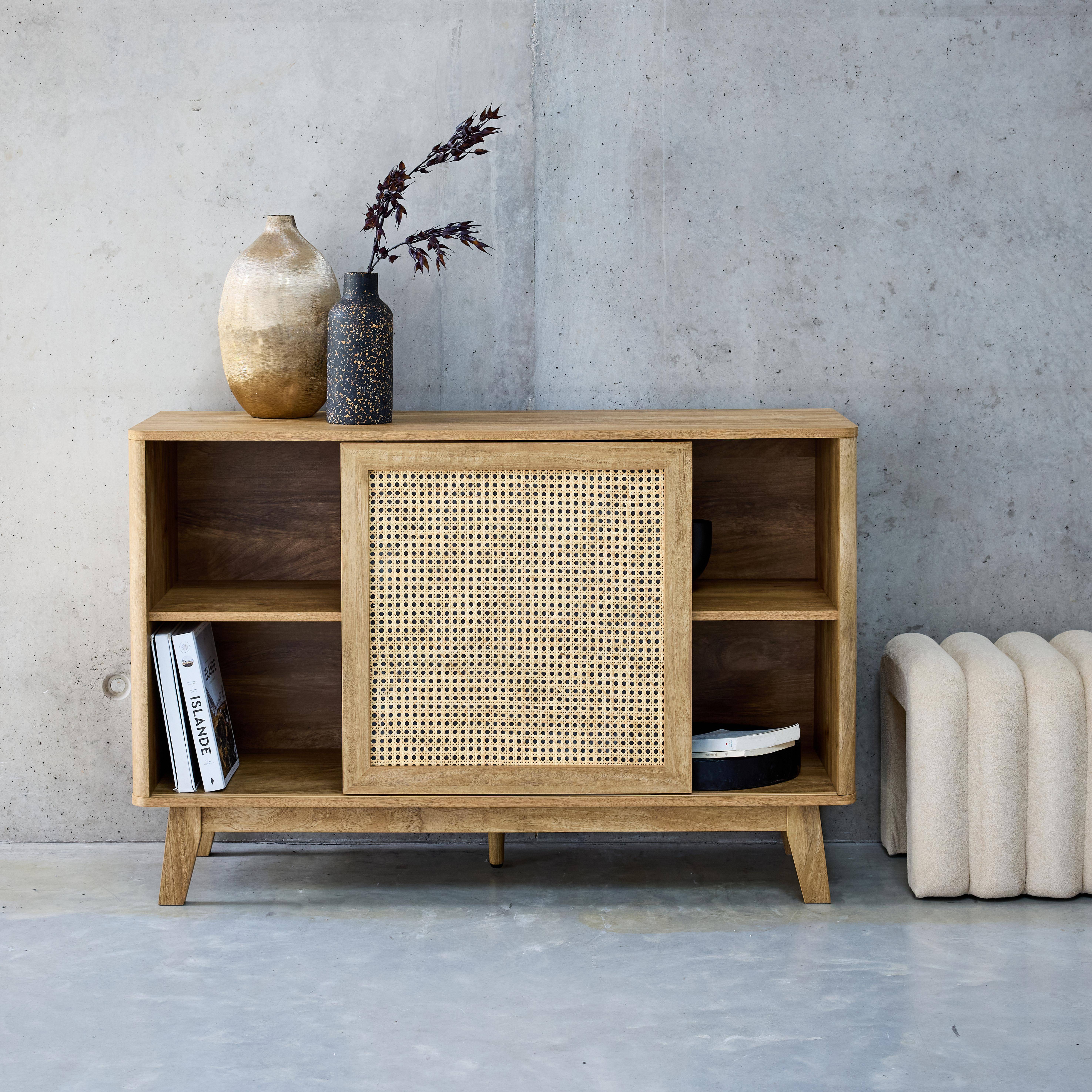 120cm sideboard with 1 sliding door and shelves, wood effect and cane detail Photo2