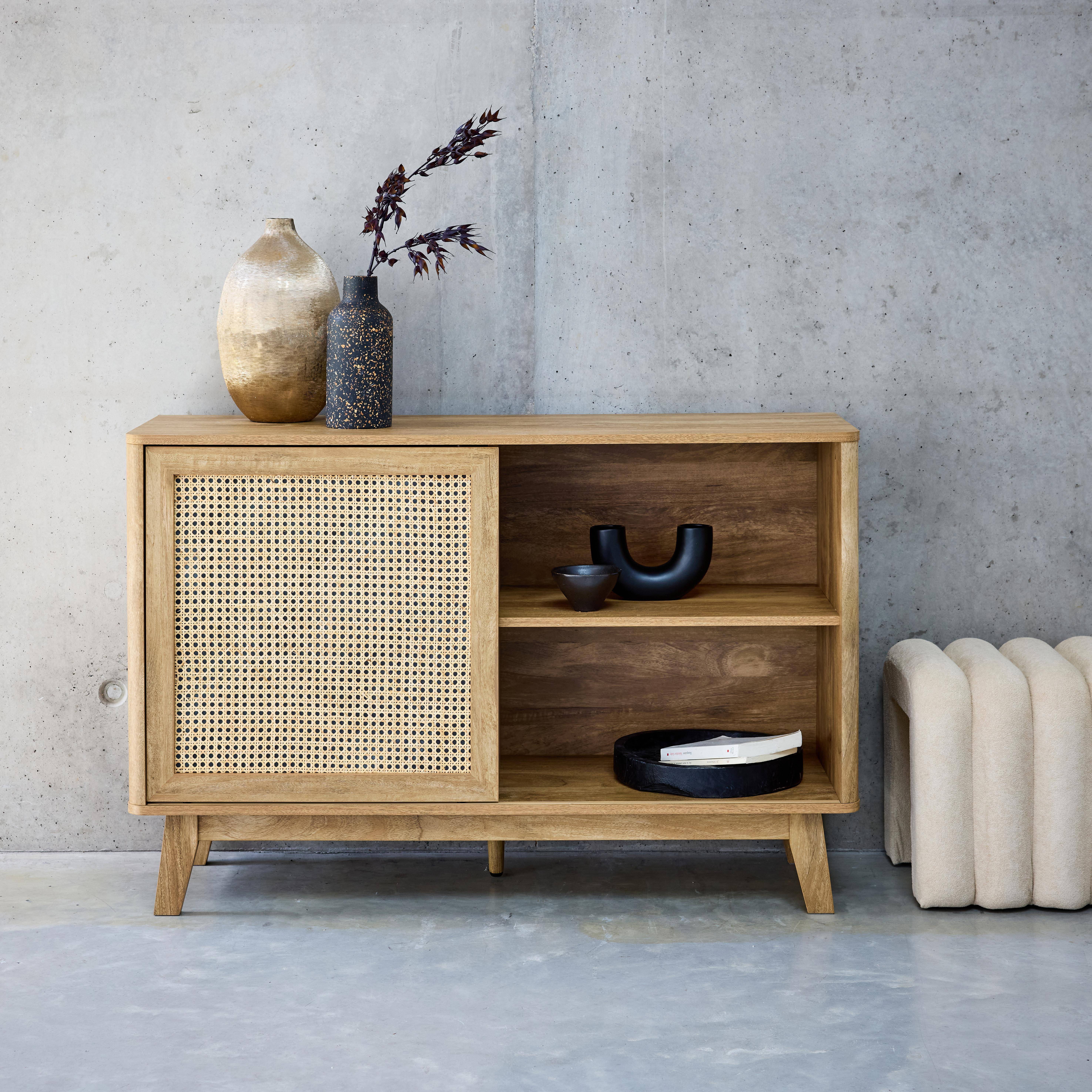 120cm sideboard with 1 sliding door and shelves, wood effect and cane detail Photo1