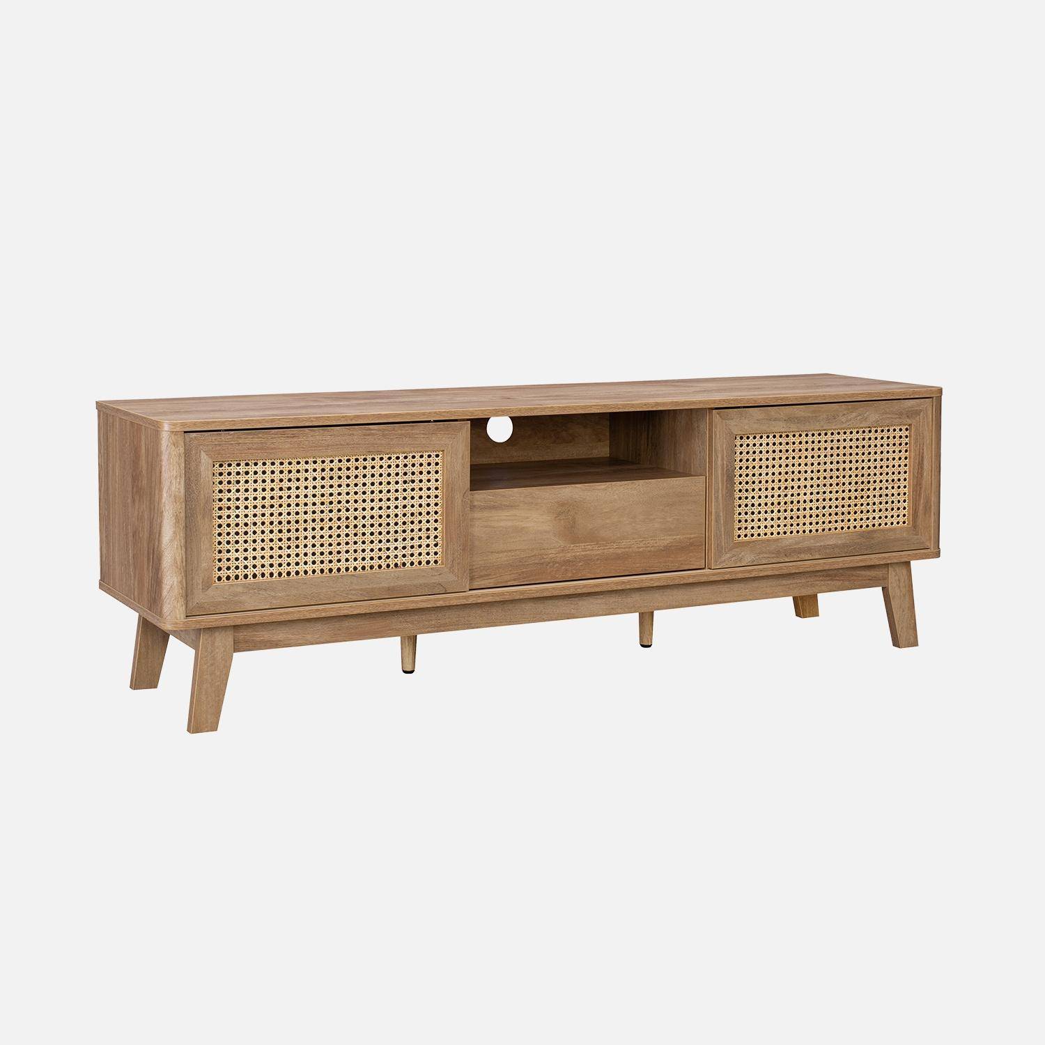 TV-Möbel mit Schiebetüren, geschlossenem Fach, Regal mit Holz- und Rohrgeflechtoptik 150cm - Mani,sweeek,Photo3