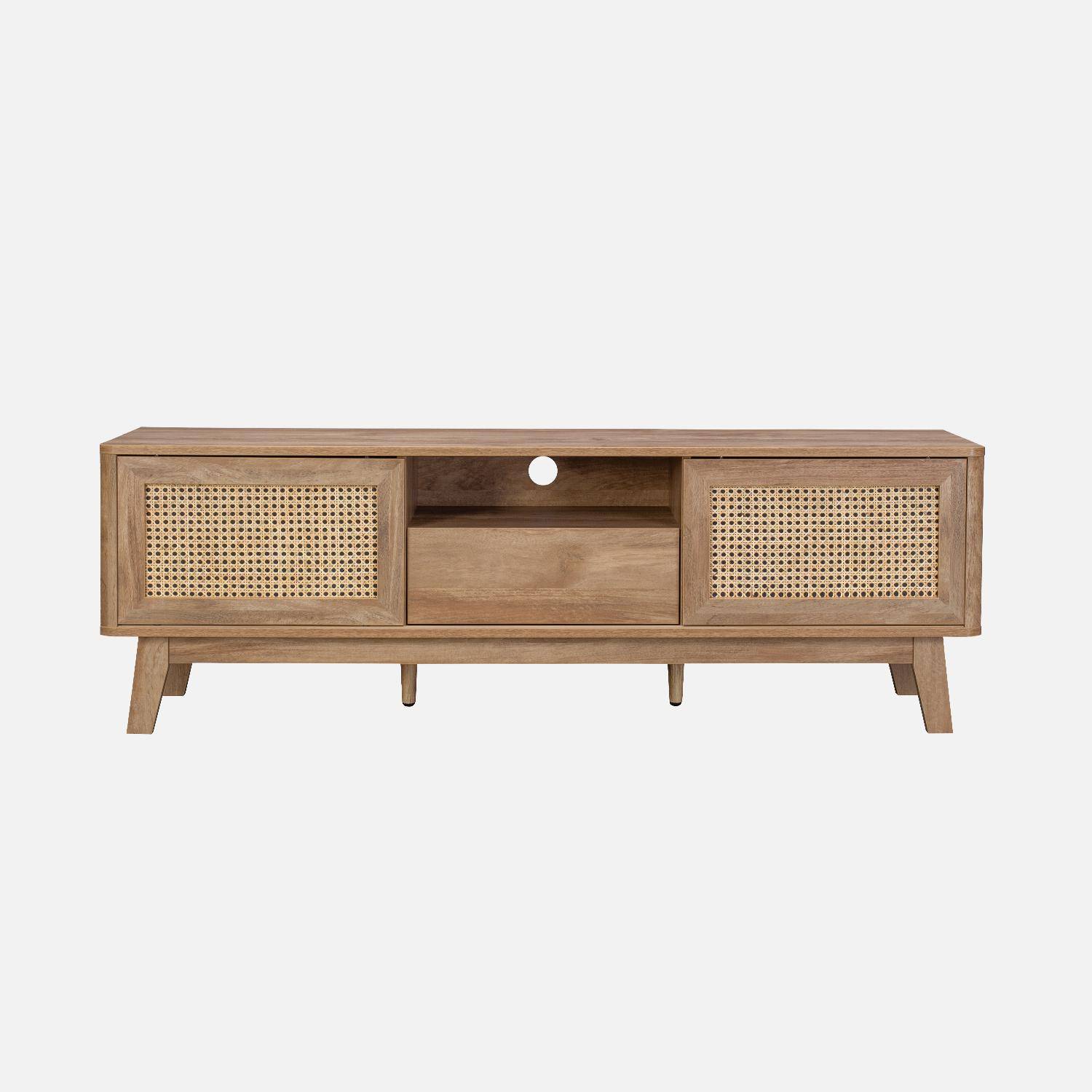 TV-meubel met schuifdeuren, gesloten kastje, plank met hout- en rietmotief, 150cm,sweeek,Photo2