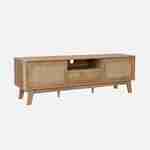 TV-meubel met schuifdeuren, gesloten kastje, plank met hout- en rietmotief, 150cm Photo1