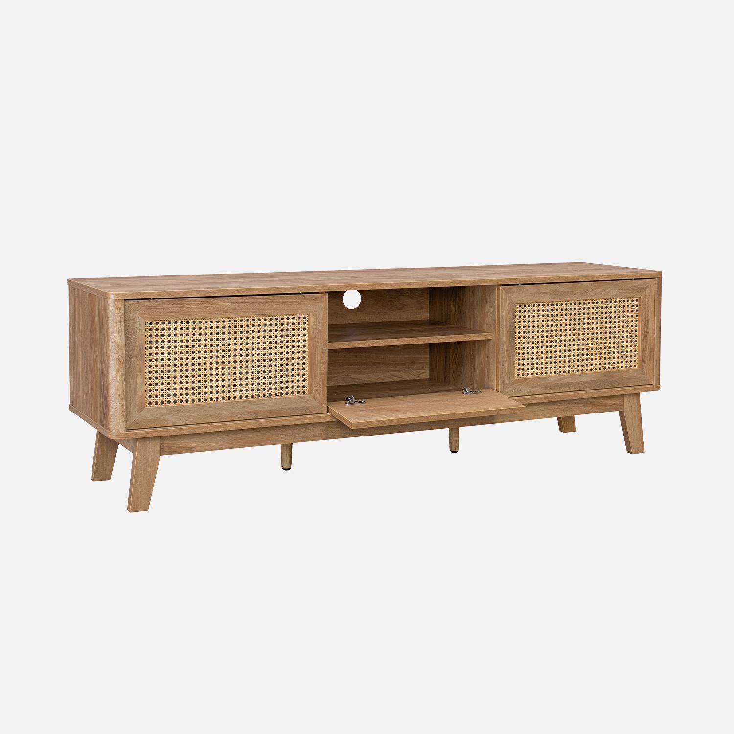 TV-Möbel mit Schiebetüren, geschlossenem Fach, Regal mit Holz- und Rohrgeflechtoptik 150cm - Mani,sweeek,Photo4
