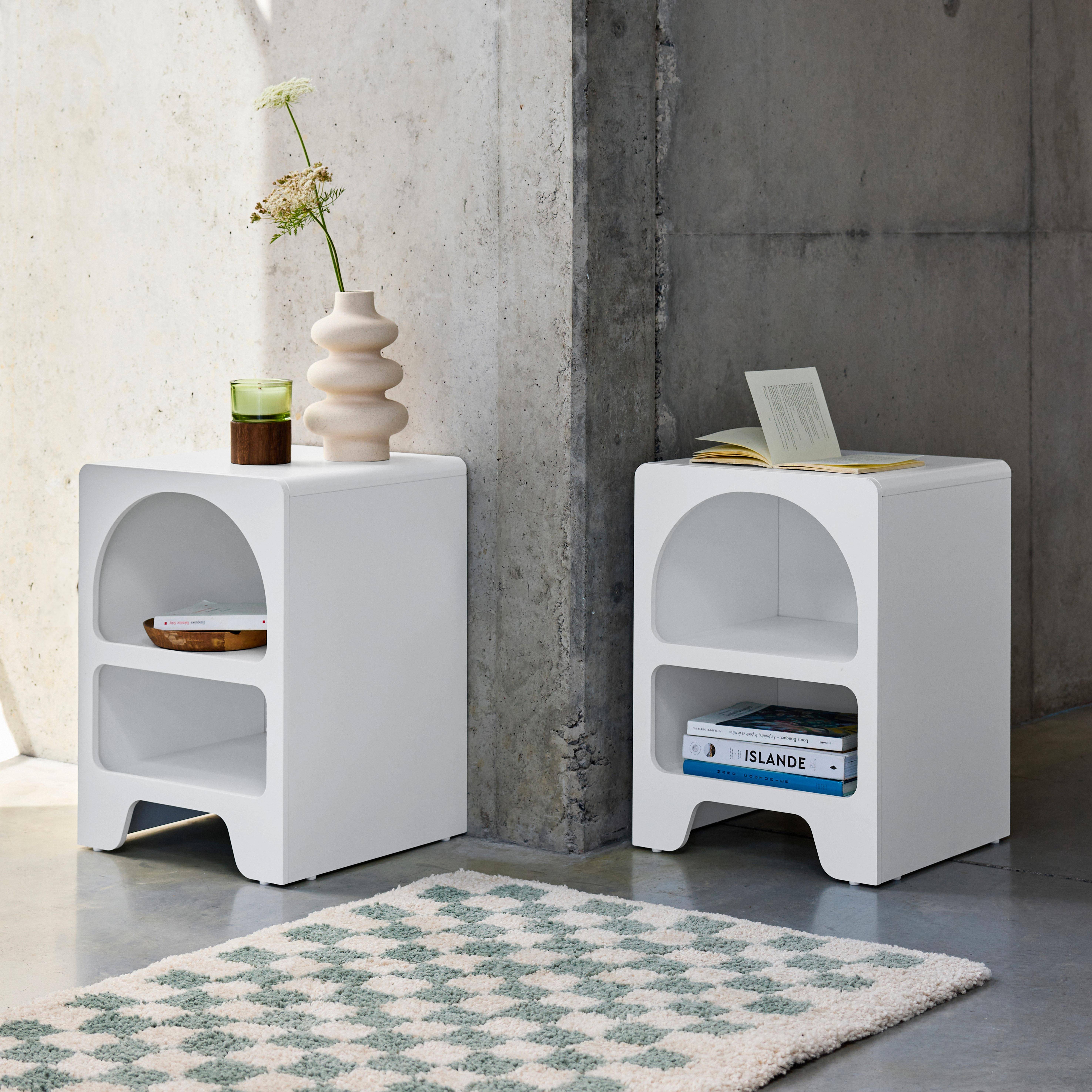 Pair of white wood-effect organic bedside tables, 2 niches, Thessa, White, 40x40x55 cm Photo2