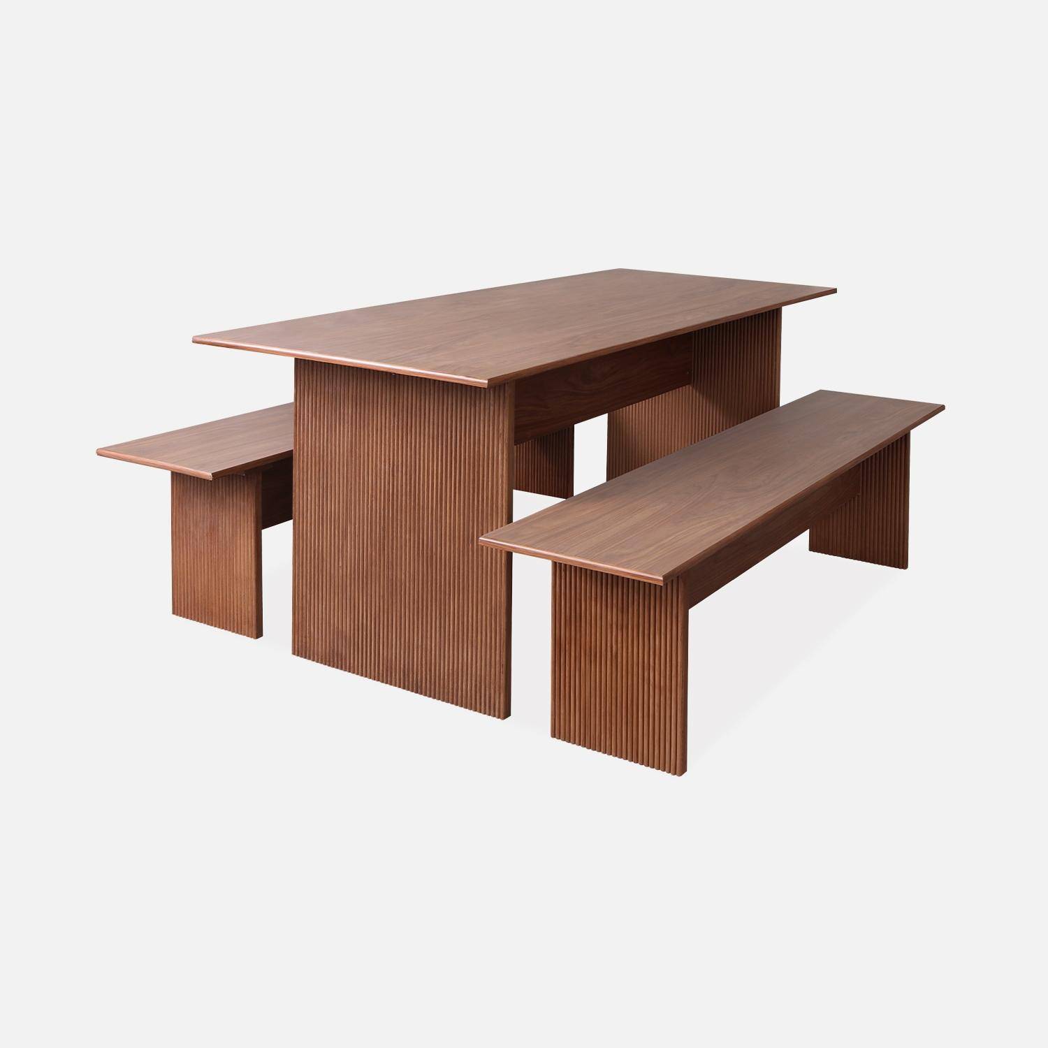 Set van 4-persoons rechthoekige eettafel en 2 banken met houtsnijwerkeffect Photo3