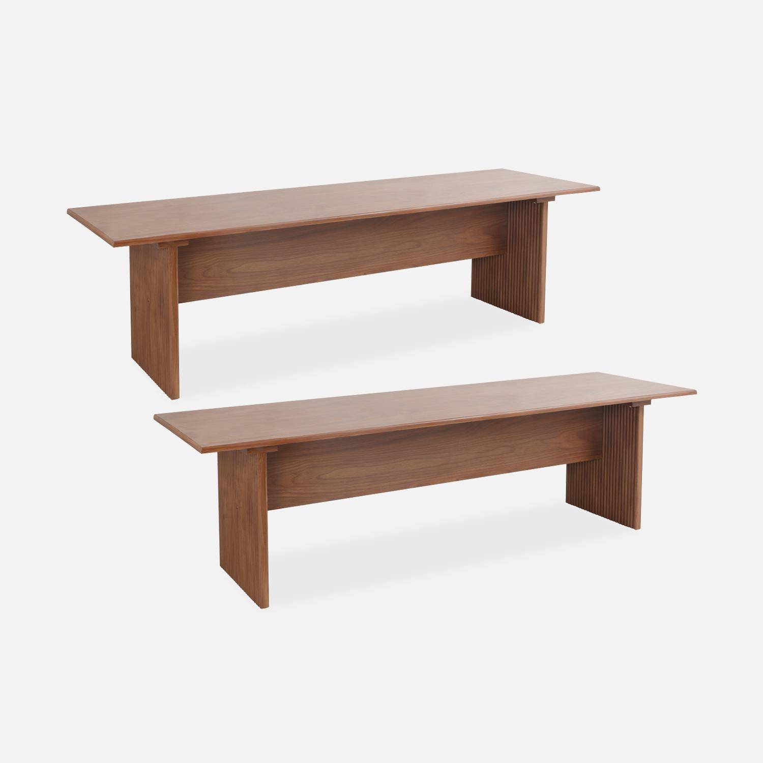 Pair of rectangular benches with carved wood effect, Faro, Walnut, 160x40x44.5 cm,sweeek,Photo5