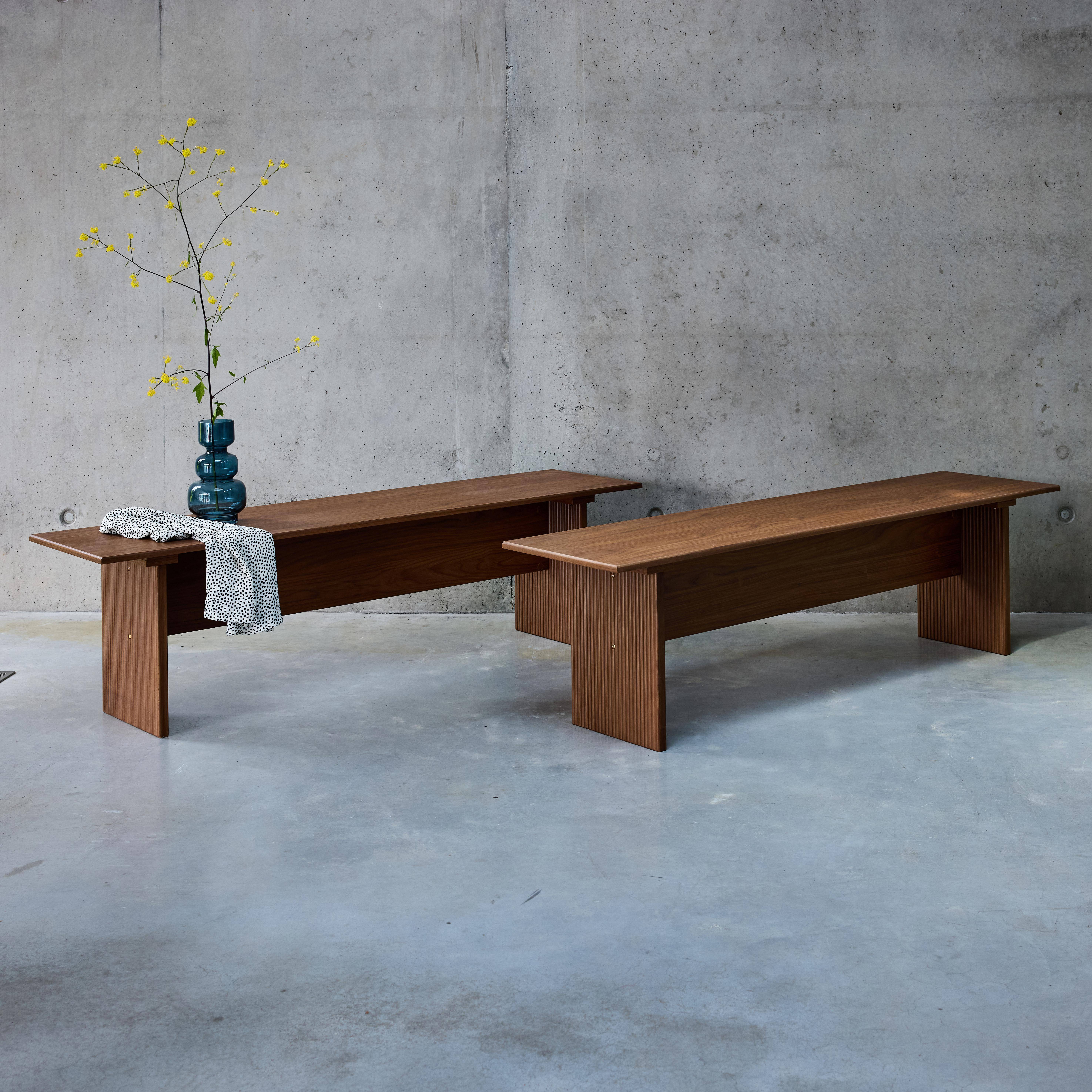 Pair of rectangular benches with carved wood effect, Faro, Walnut, 160x40x44.5 cm Photo2
