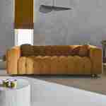 Canapé 3 places en bouclette texturée capitonné jaune moutarde - Structure bois d'eucalyptus et contreplaqué  Photo1