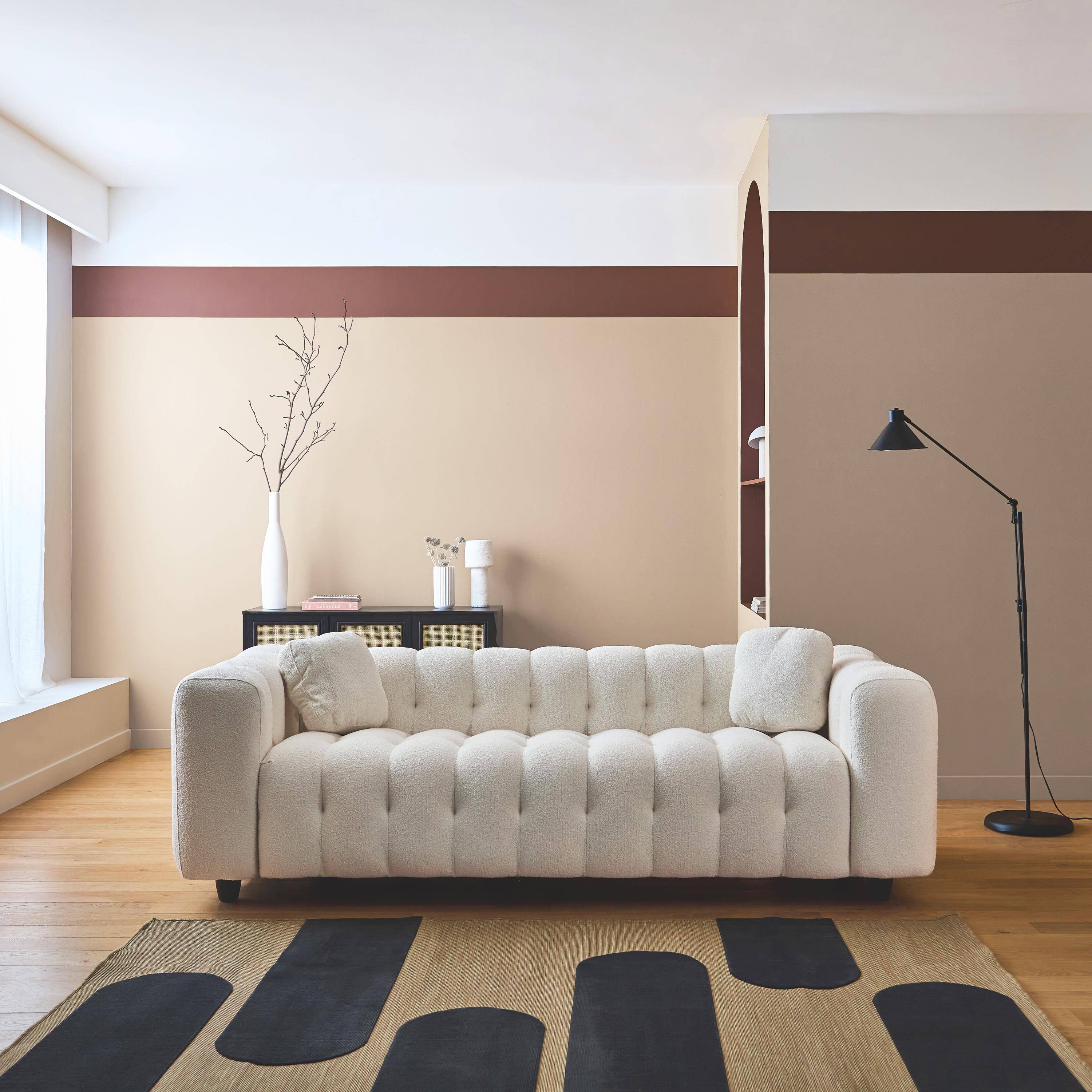 Sofa 3-osobowa z tkaniny boucle z tapicerką w kolorze kremowym - Konstrukcja z drewna eukaliptusowego i sklejki Photo1