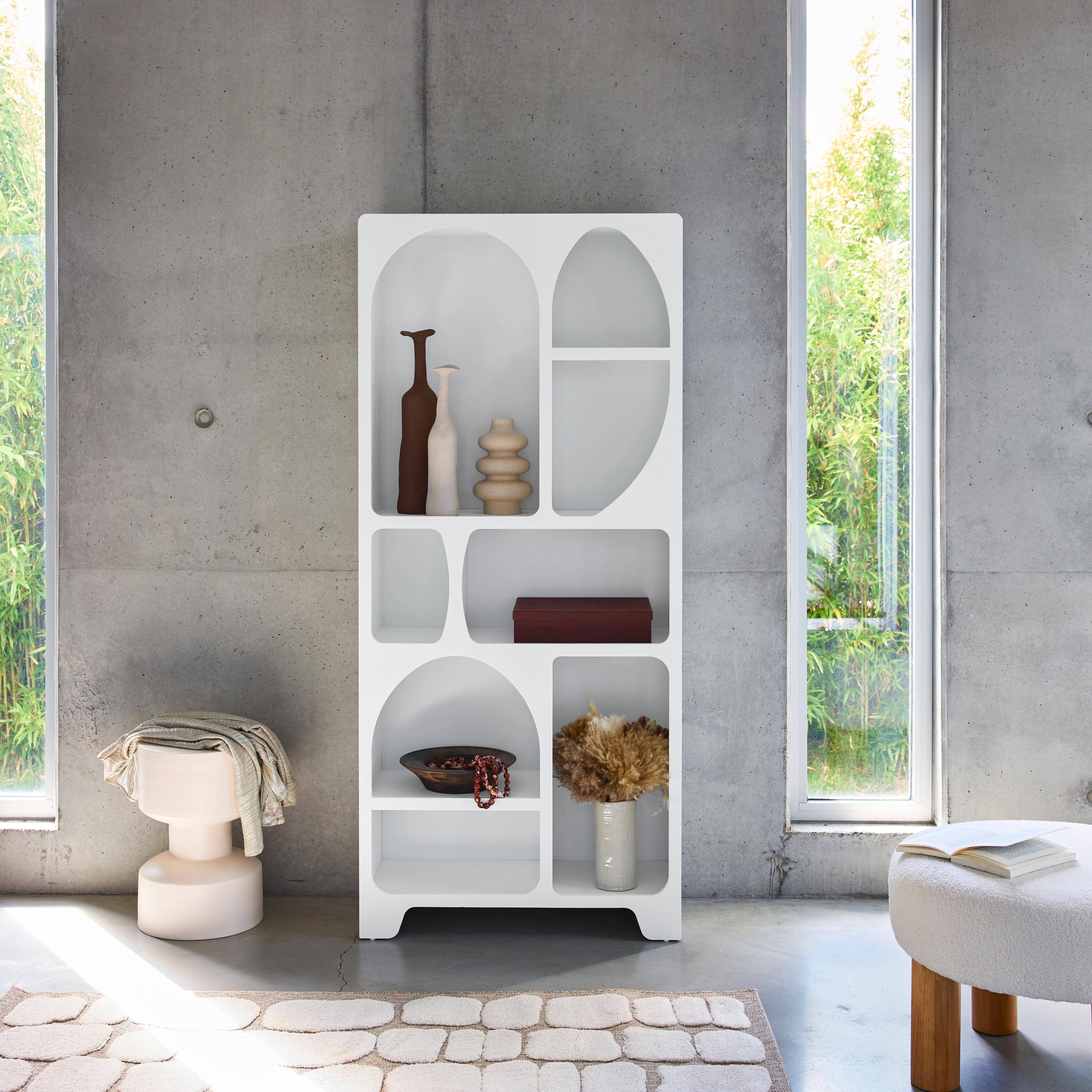 Etagère bibliothèque organique effet bois blanc plusieurs niches 8 compartiments Photo1