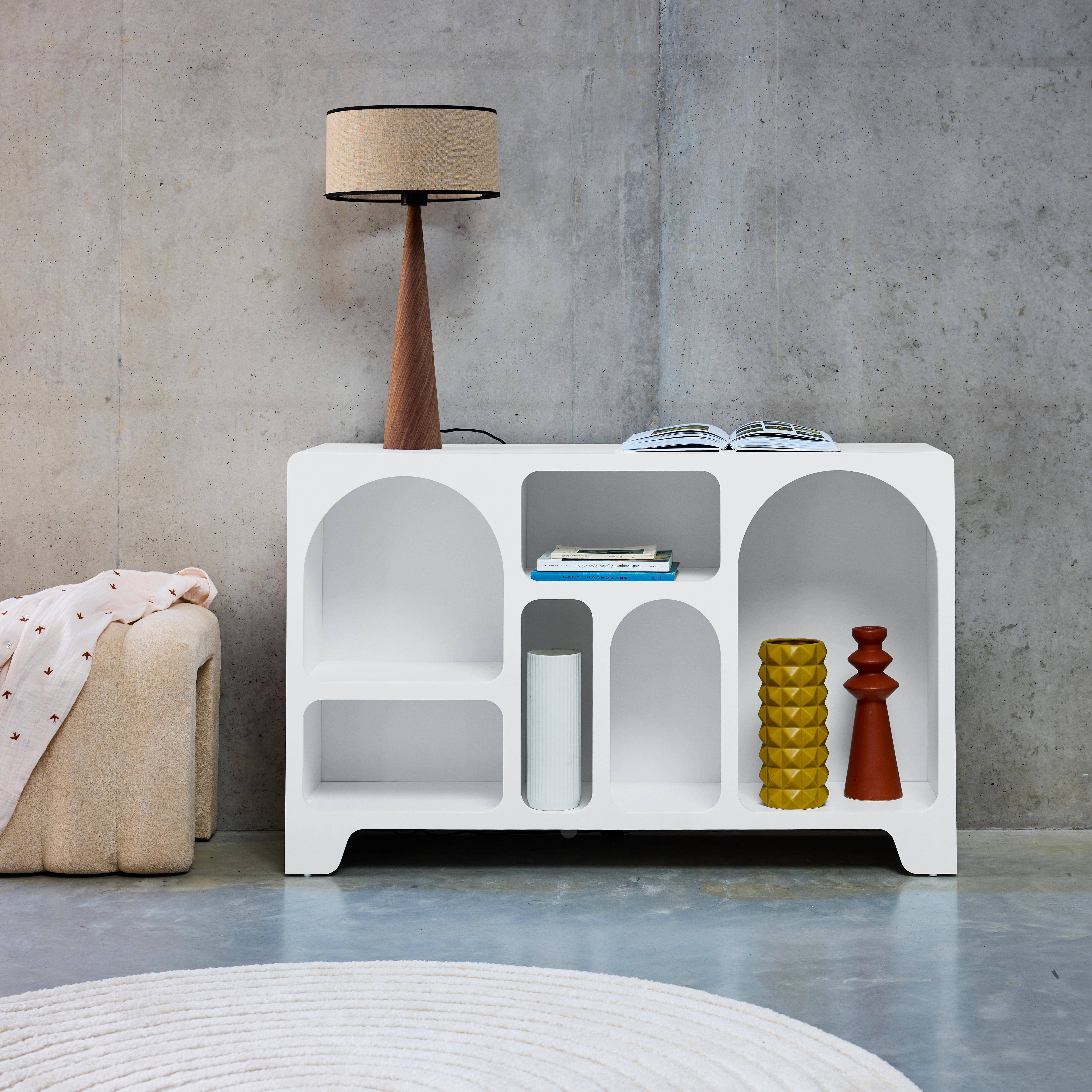 Buffet organique plusieurs niches 6 compartiments, buffet bas, effet bois blanc 120cm,sweeek,Photo1