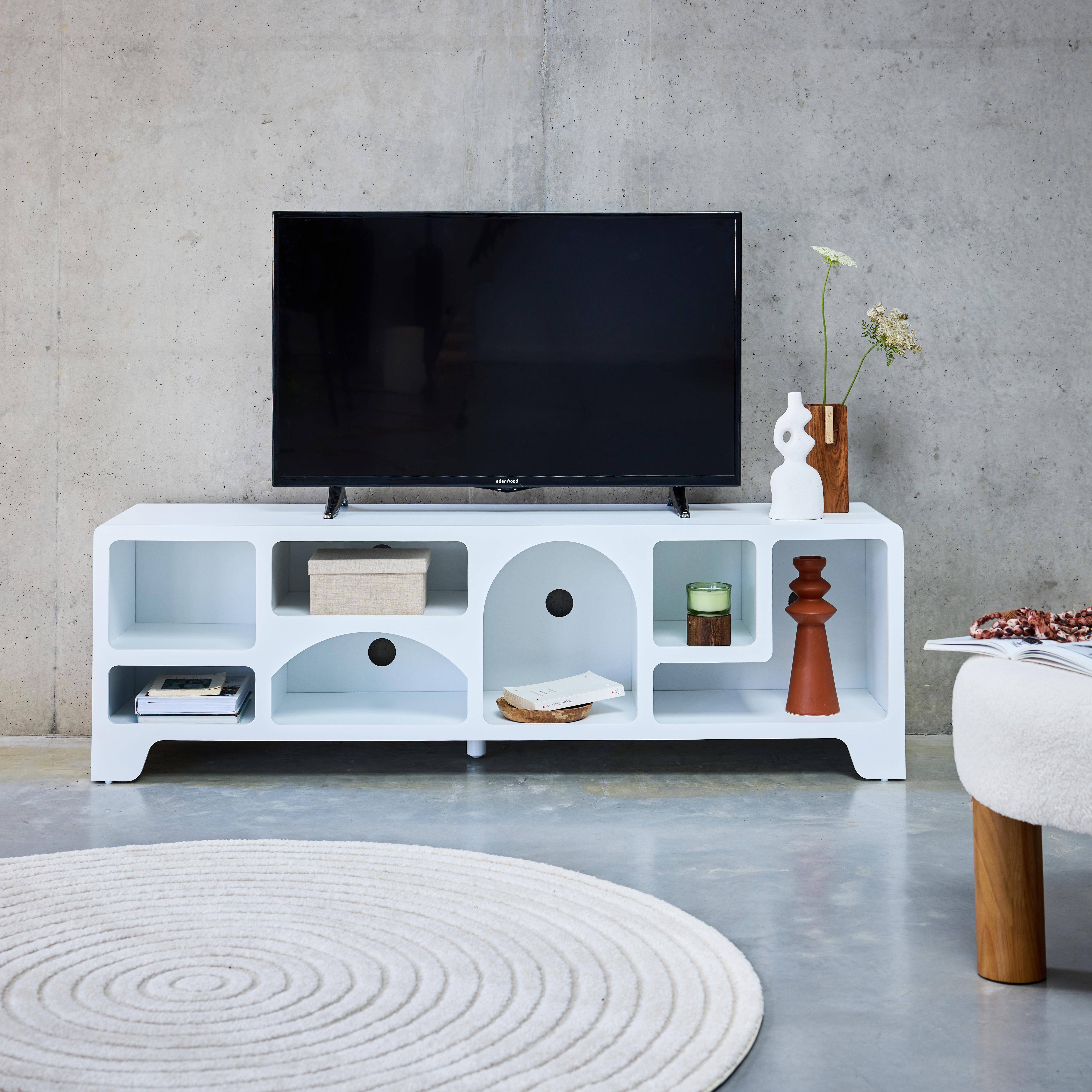 Meuble tv organique effet bois blanc 160cm avec 7 niches de rangement L160cm,sweeek,Photo1
