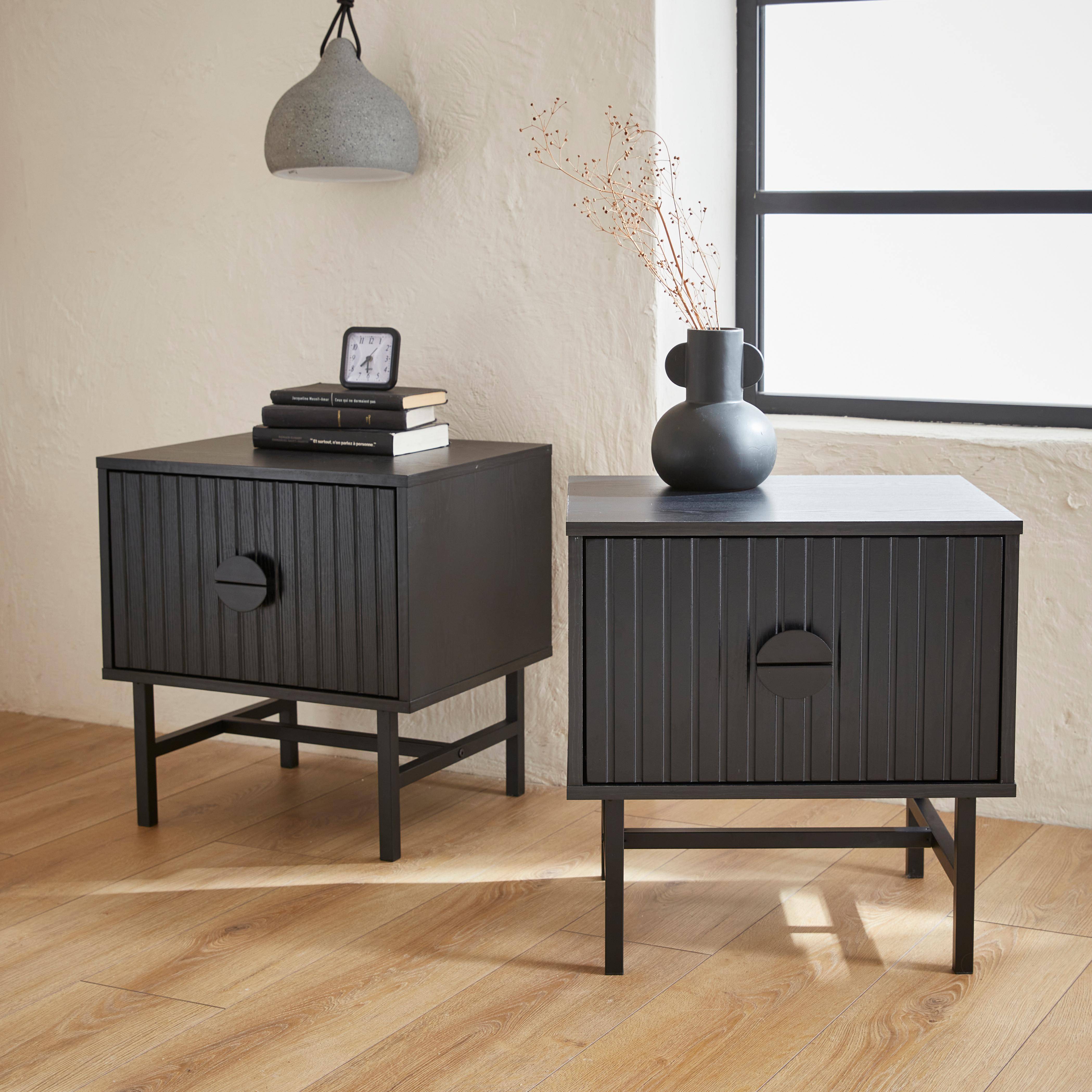 Lot de 2 tables de chevet noires, un tiroir, L 48 x l 39 x H 50cm Photo1