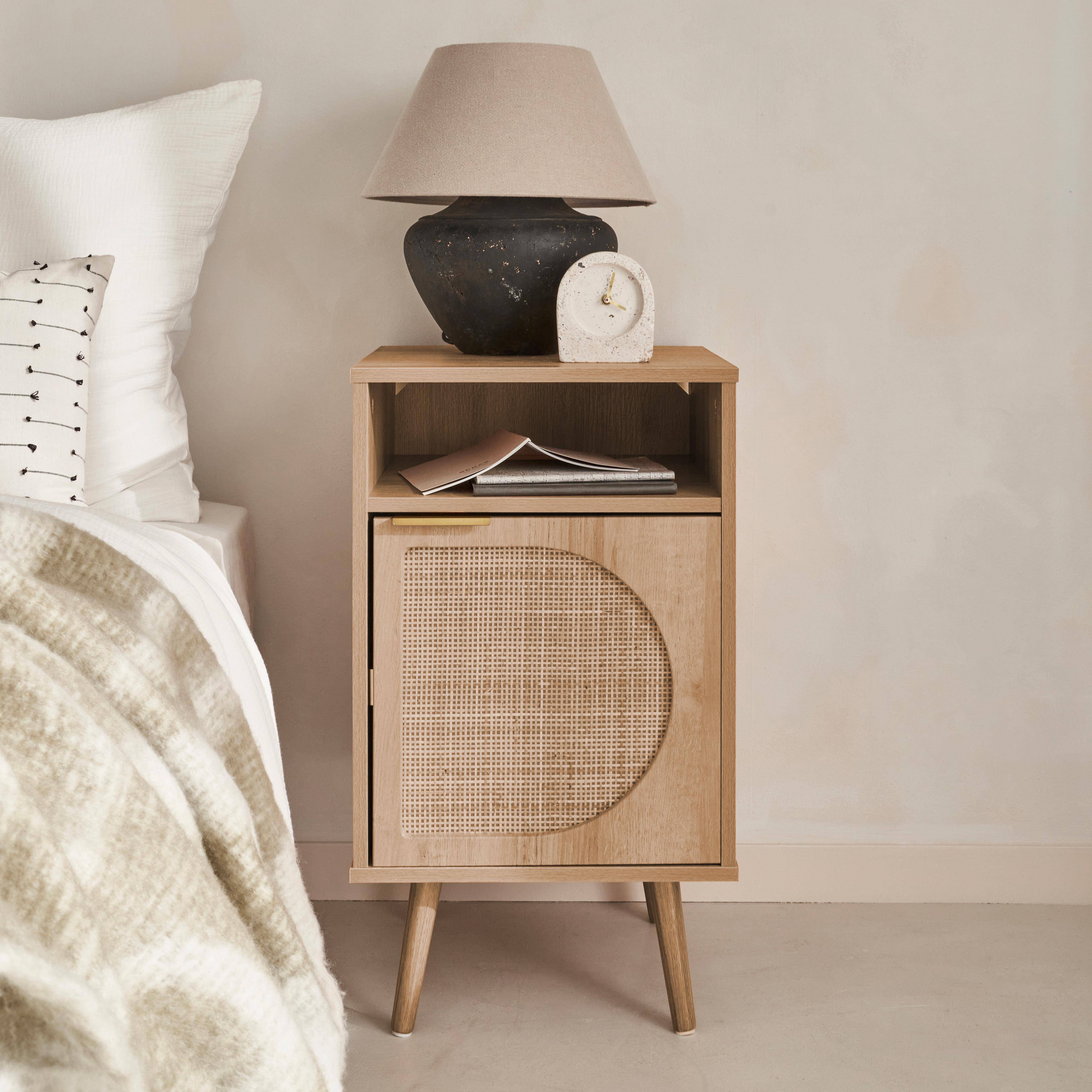 Pair of wood and rounded cane rattan bedside tables, Eva, Natural, 40x39x70 cm Photo1