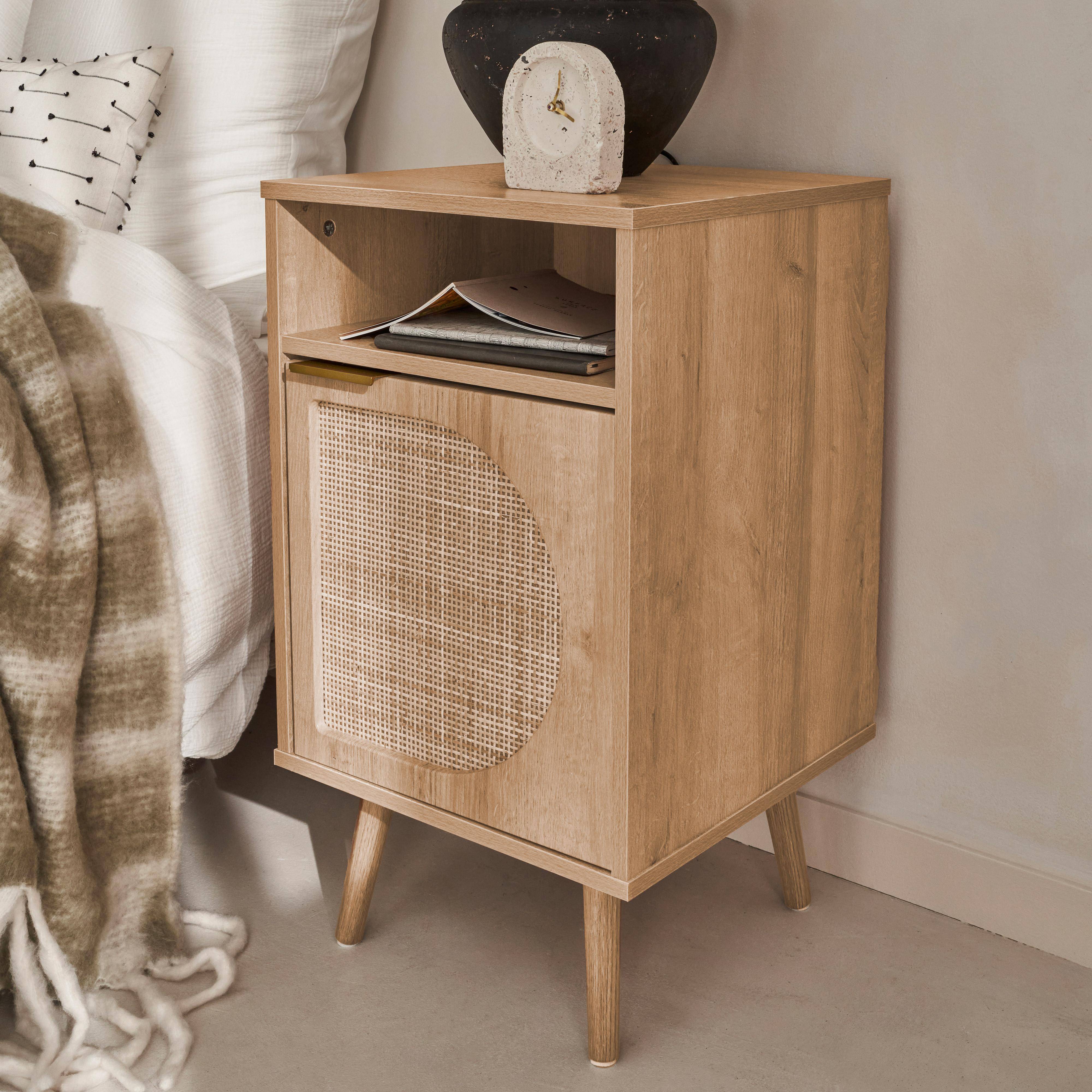 Pair of wood and rounded cane rattan bedside tables, Eva, Natural, 40x39x70 cm Photo2