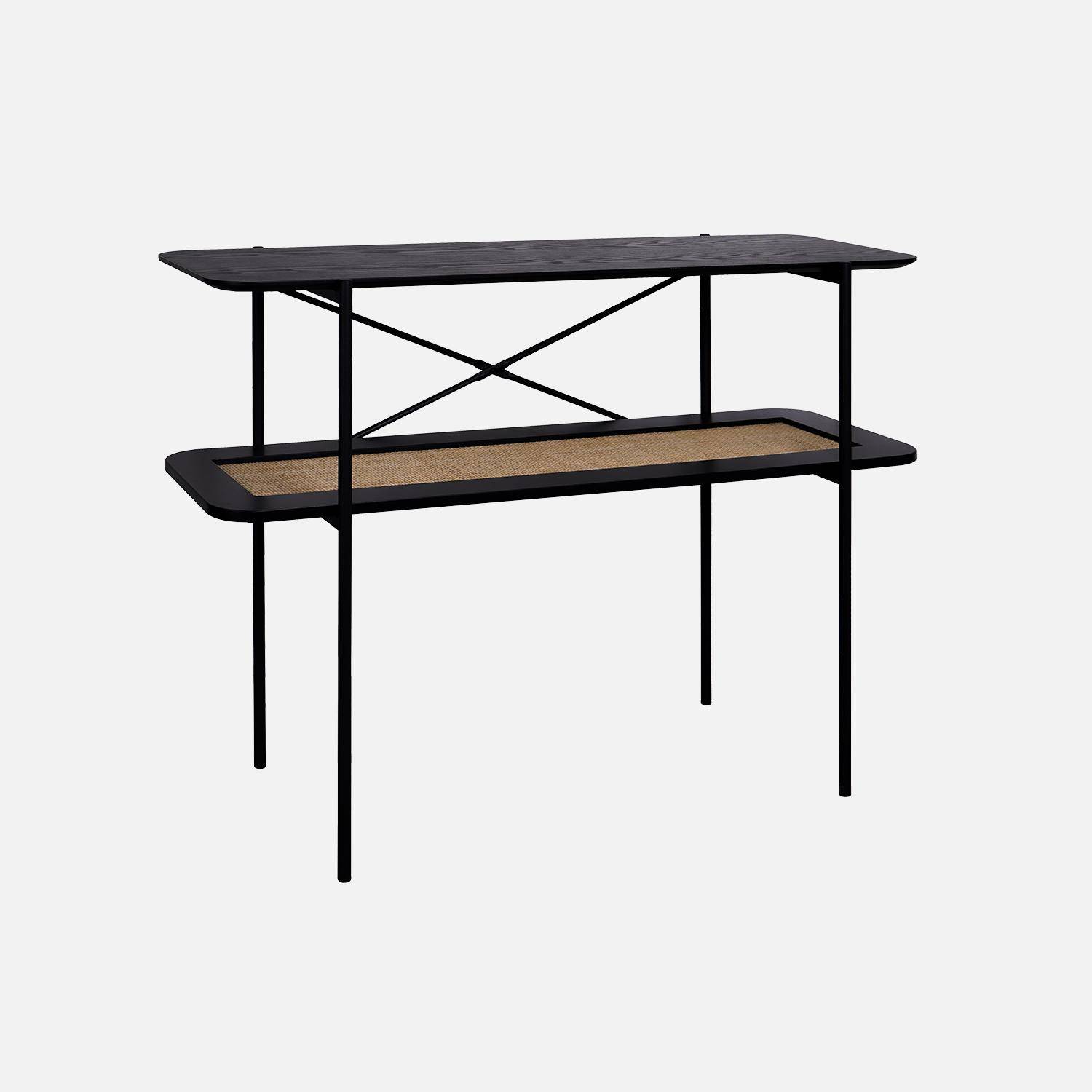 Console vintage coloris noir 100 cm double plateaux effet bois et cannage, piètement et structure en métal noir,sweeek,Photo3