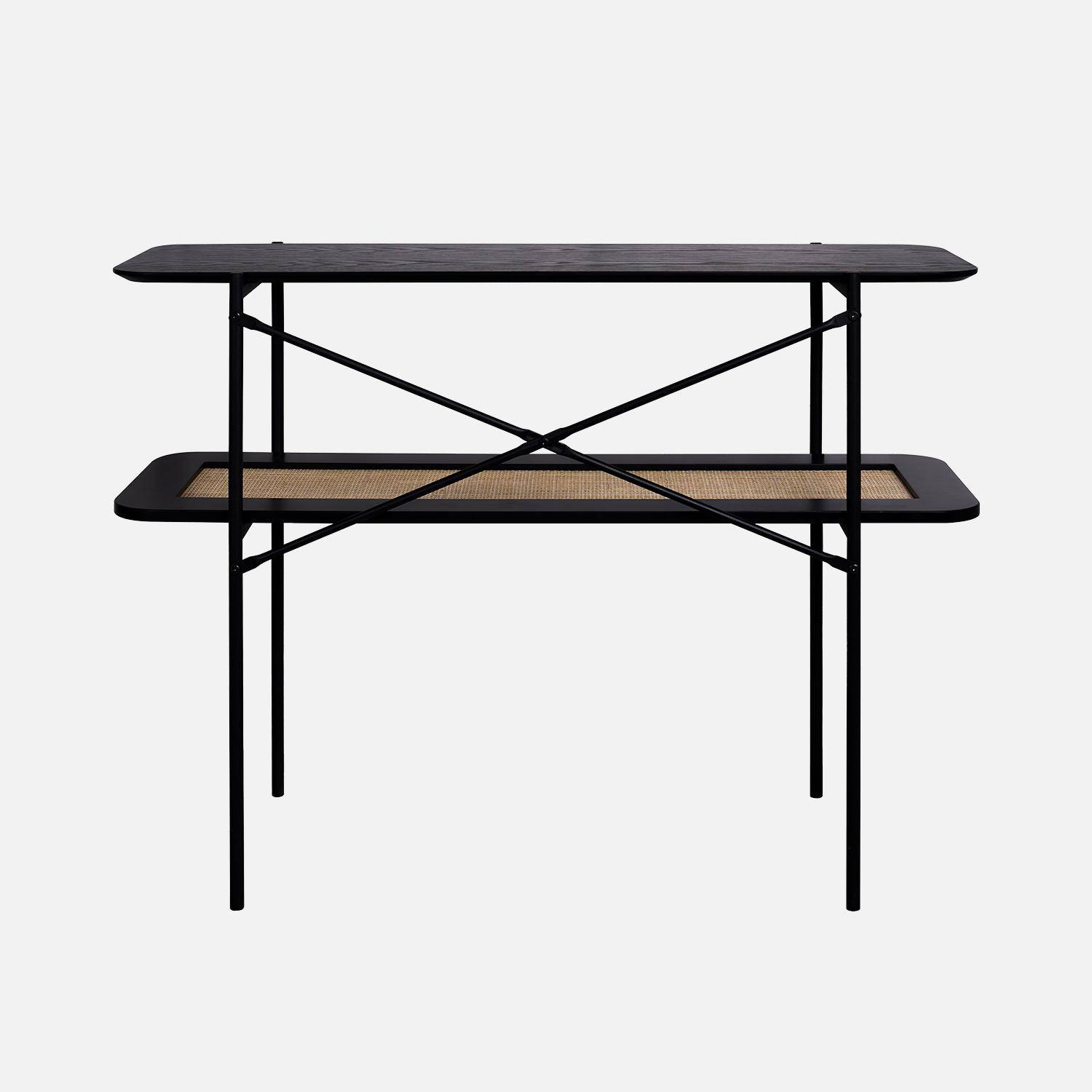 Console vintage coloris noir 100 cm double plateaux effet bois et cannage, piètement et structure en métal noir,sweeek,Photo4