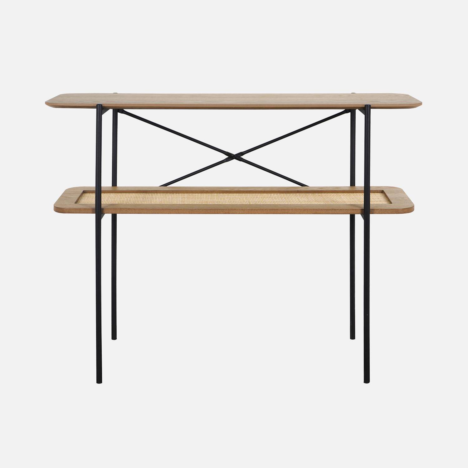 Console vintage 100 cm double plateaux effet bois et cannage, piètement et structure en métal noir,sweeek,Photo4