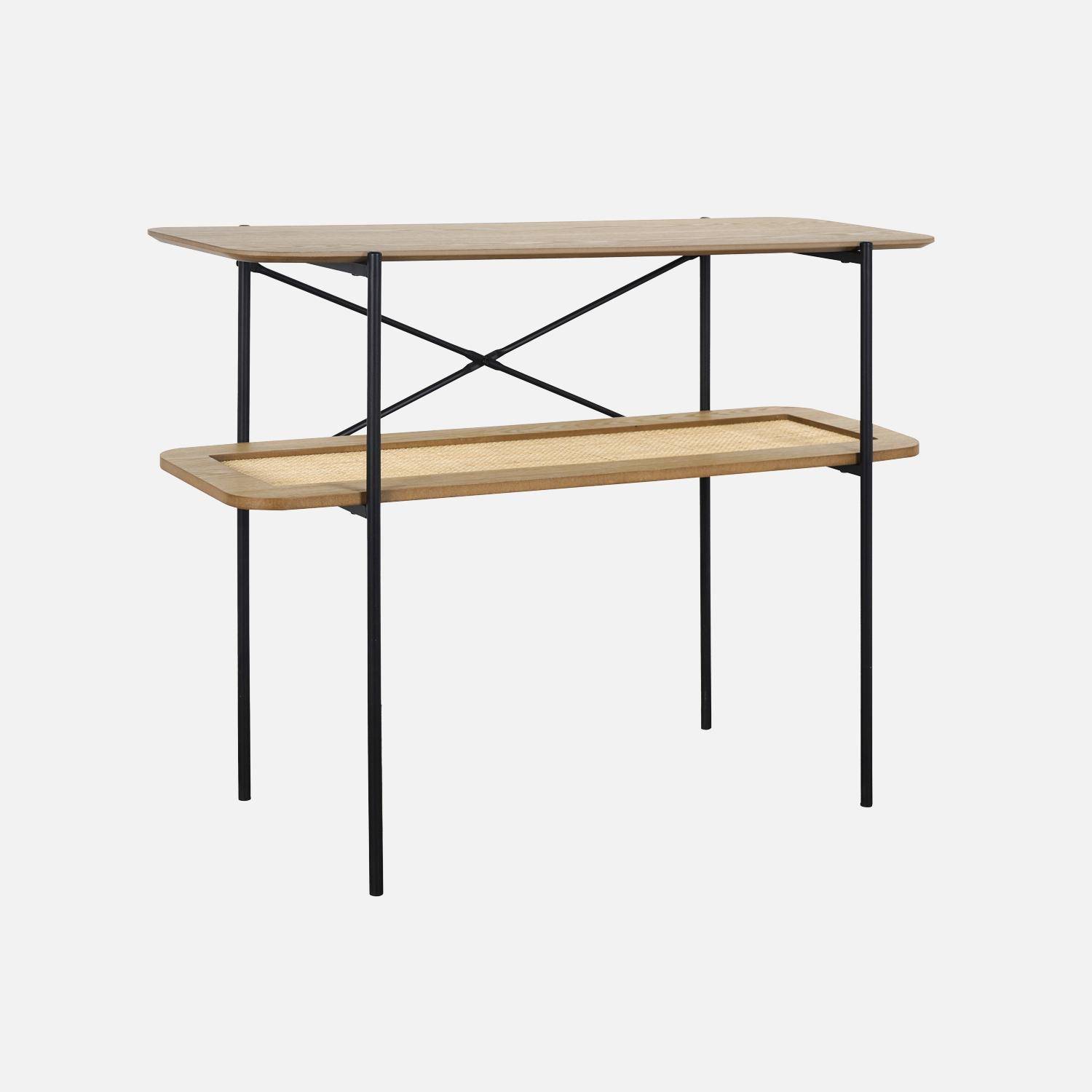 Console vintage 100 cm double plateaux effet bois et cannage, piètement et structure en métal noir,sweeek,Photo3