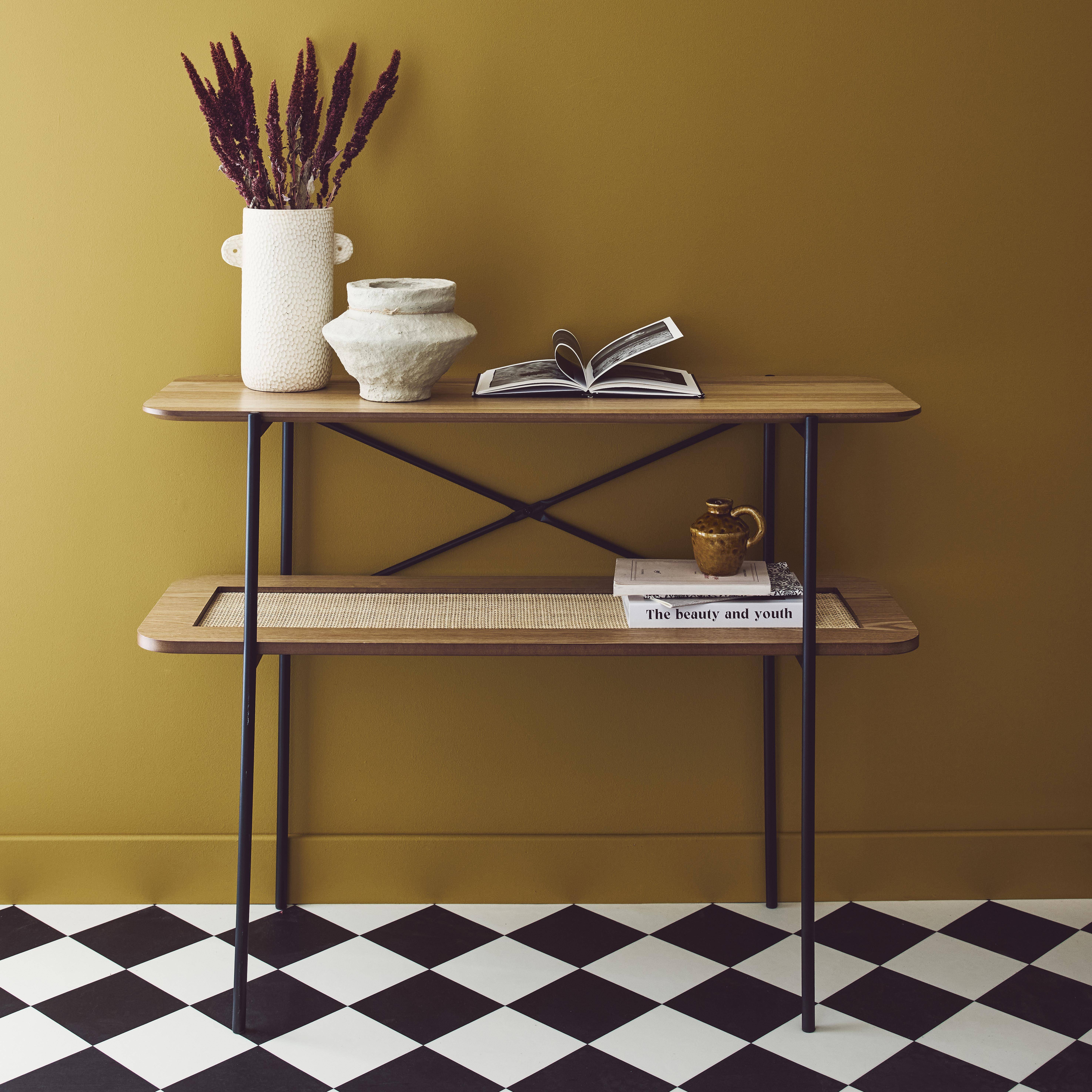 Console vintage 100 cm double plateaux effet bois et cannage, piètement et structure en métal noir,sweeek,Photo1
