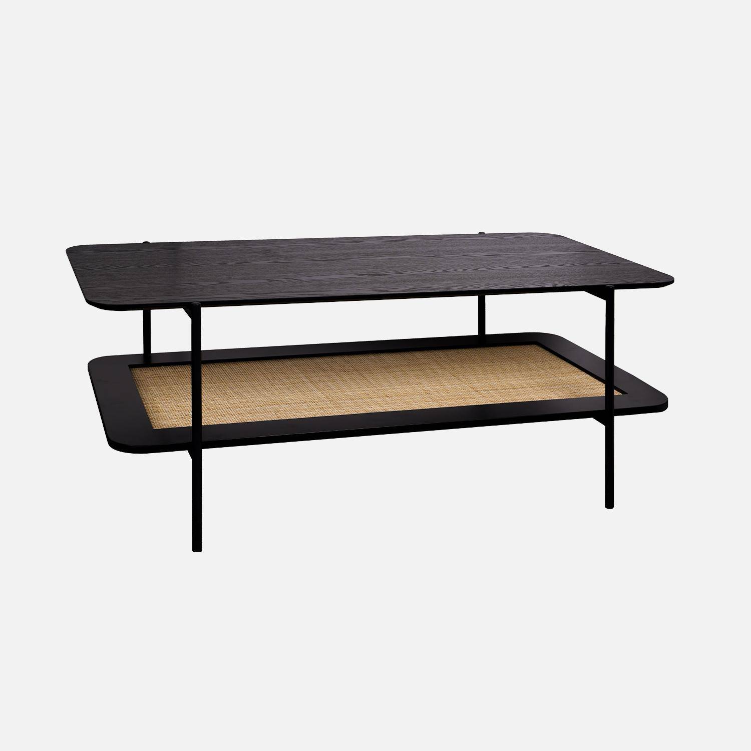 Table basse vintage 110 cm coloris noir, double plateaux effet bois et cannage, piètement et structure en métal noir Photo3