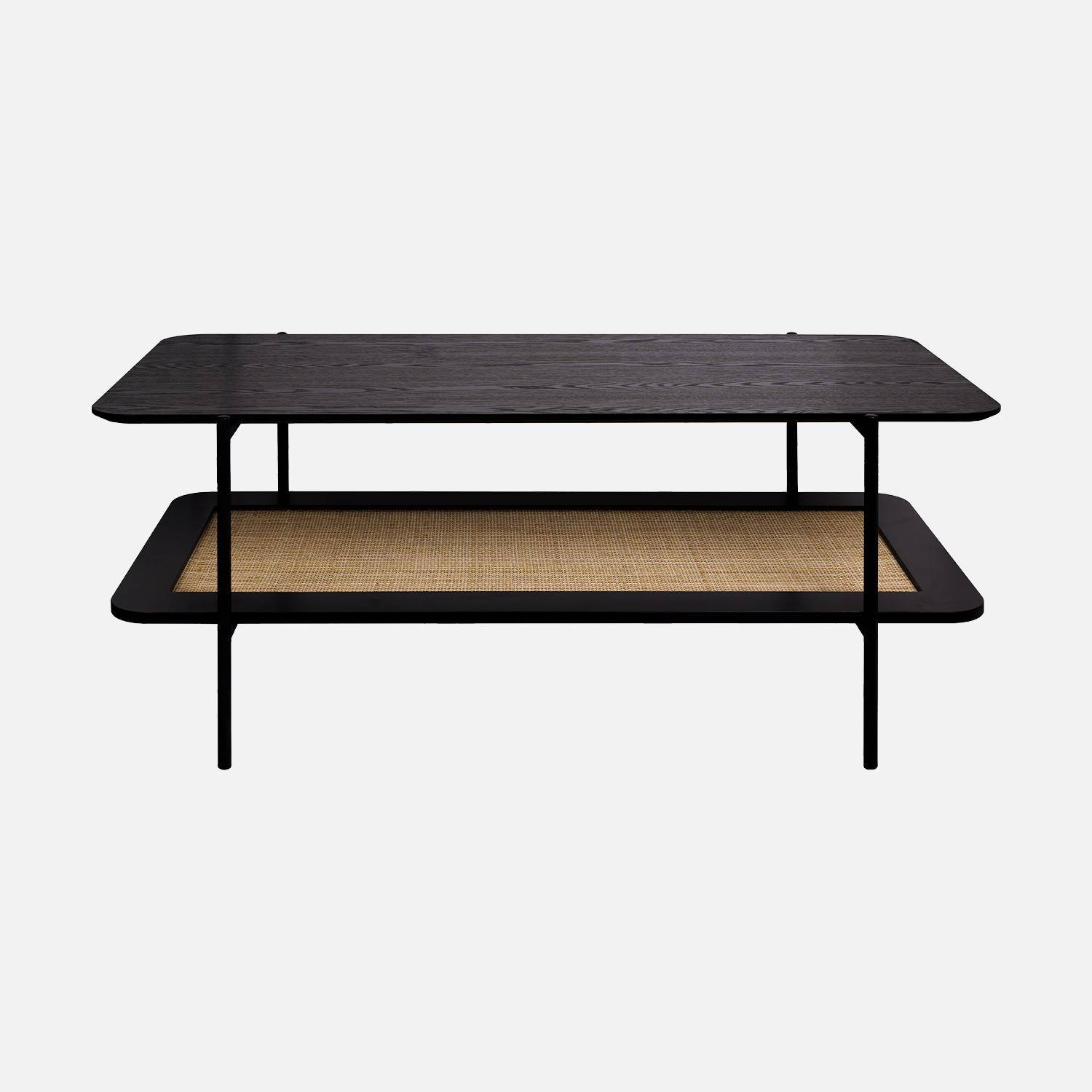 Table basse vintage 110 cm coloris noir, double plateaux effet bois et cannage, piètement et structure en métal noir Photo4