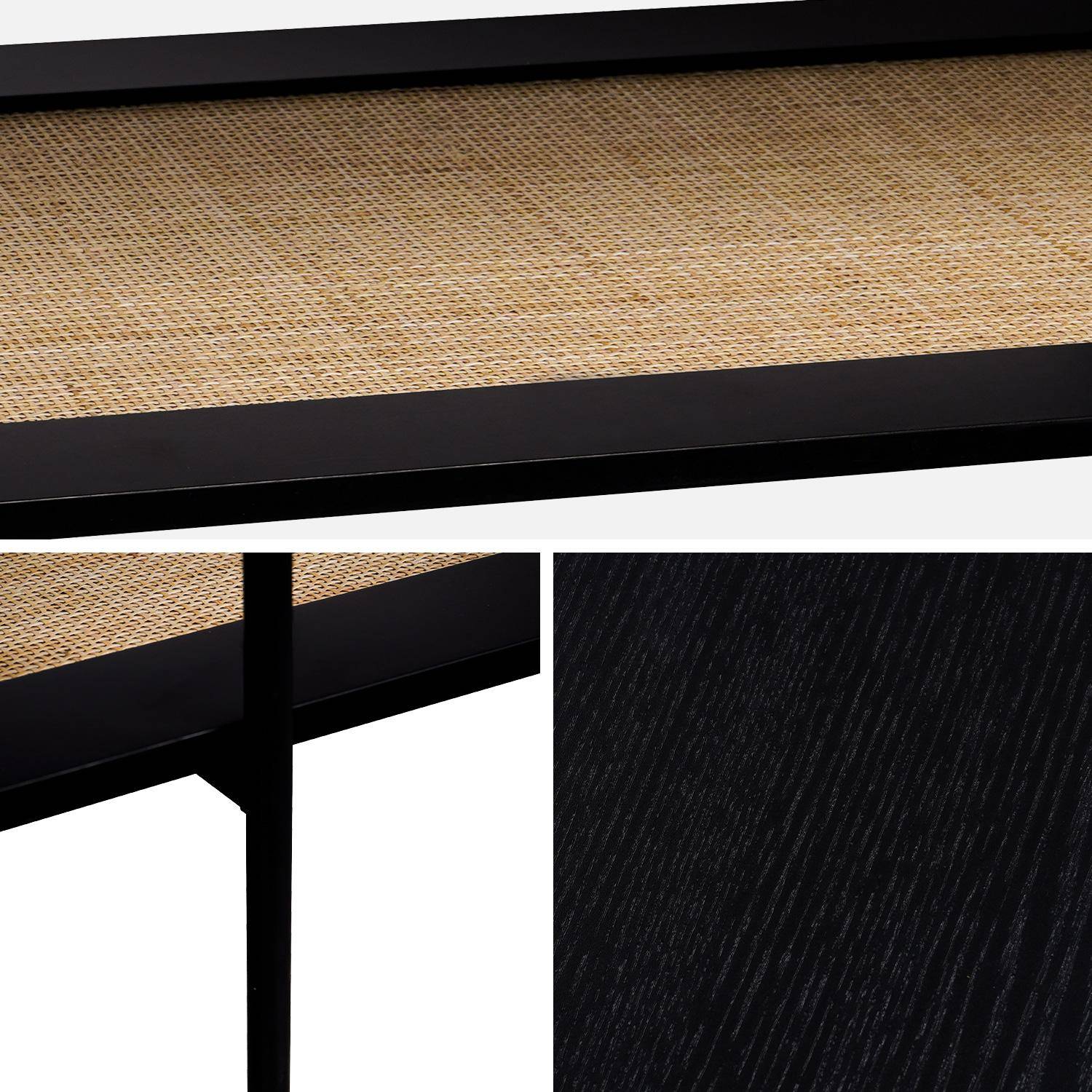 Table basse vintage 110 cm coloris noir, double plateaux effet bois et cannage, piètement et structure en métal noir Photo5