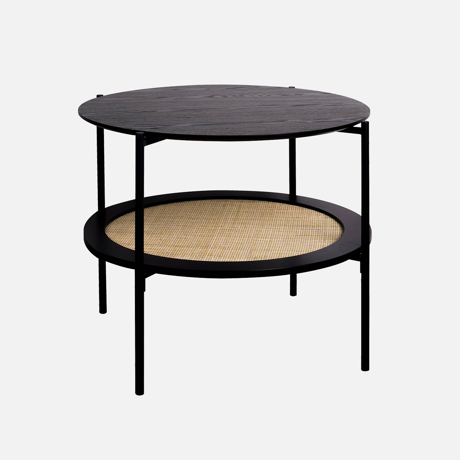 Round coffee table with wood effect and cane, Black