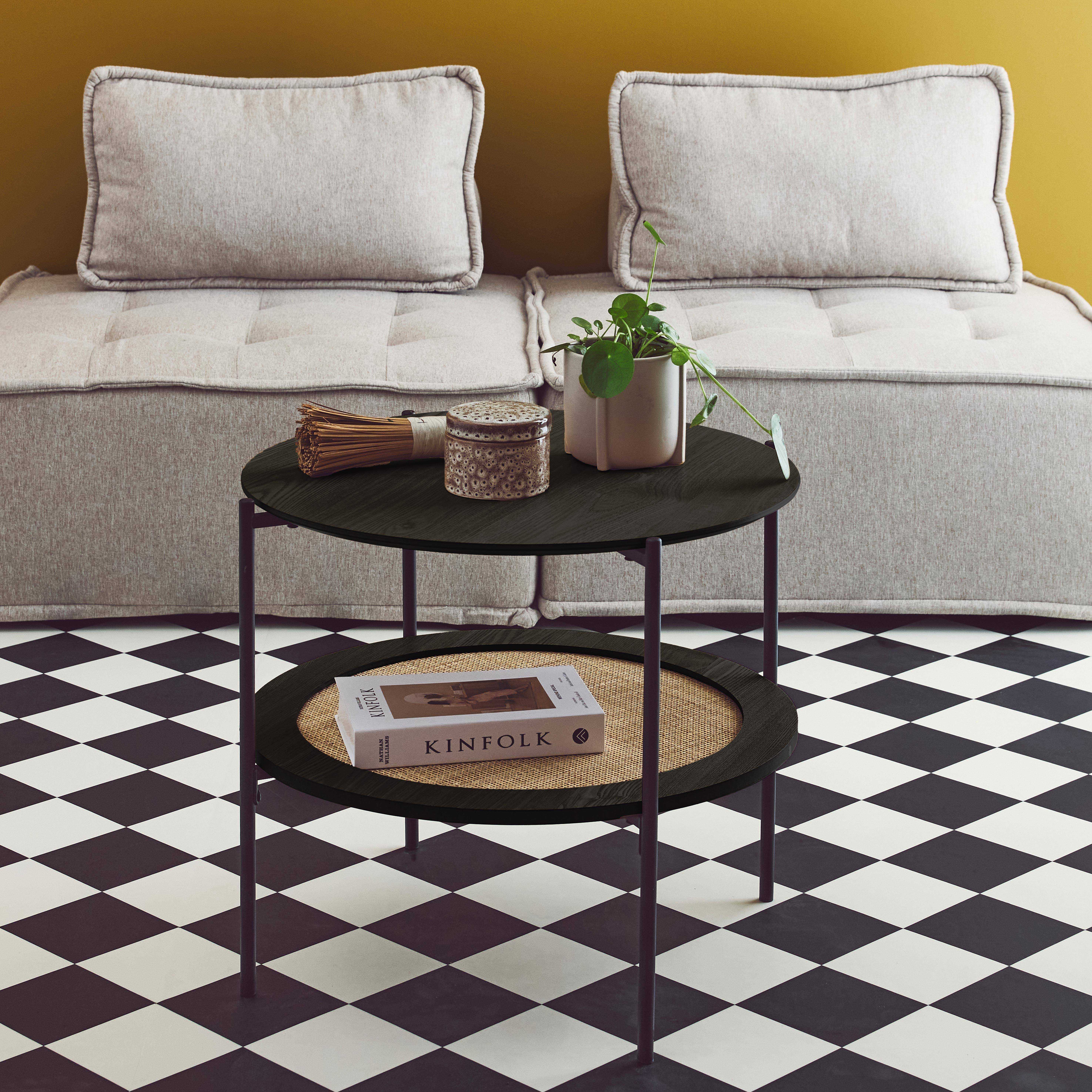 Mesa de centro redonda con tablero doble efecto madera y caña, Manado, Negro, 63.2x63.2x52 cm,sweeek,Photo1